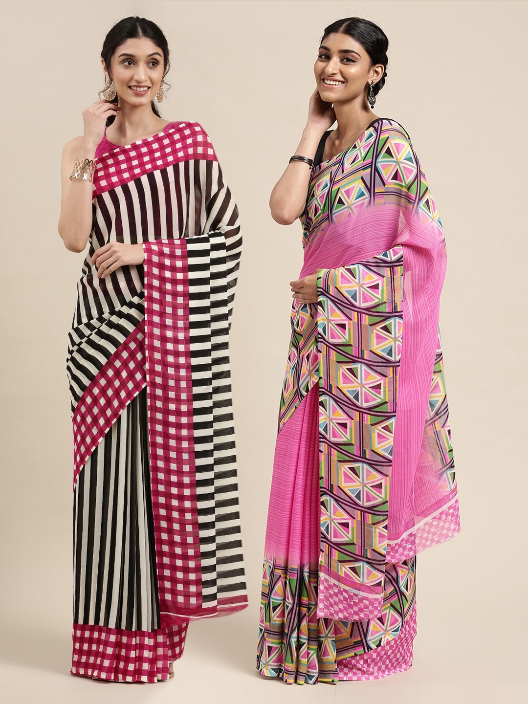 

KALINI Pack of 2 Black & White Striped Saree
