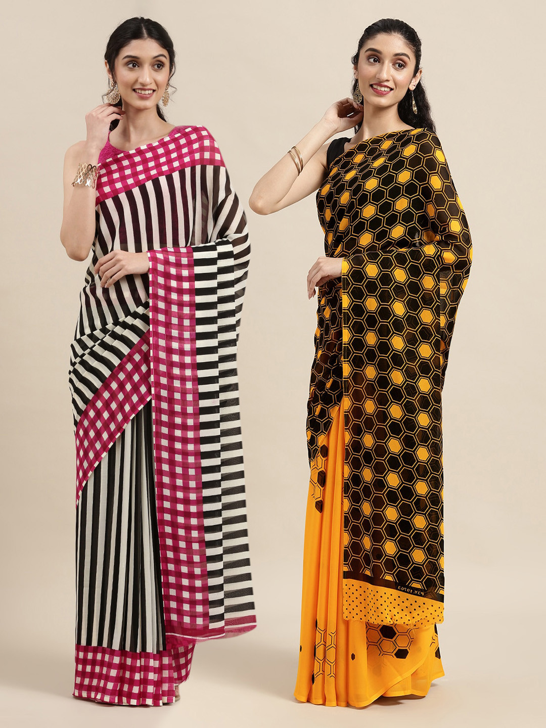 

KALINI Pack of 2 Printed Sarees, Black