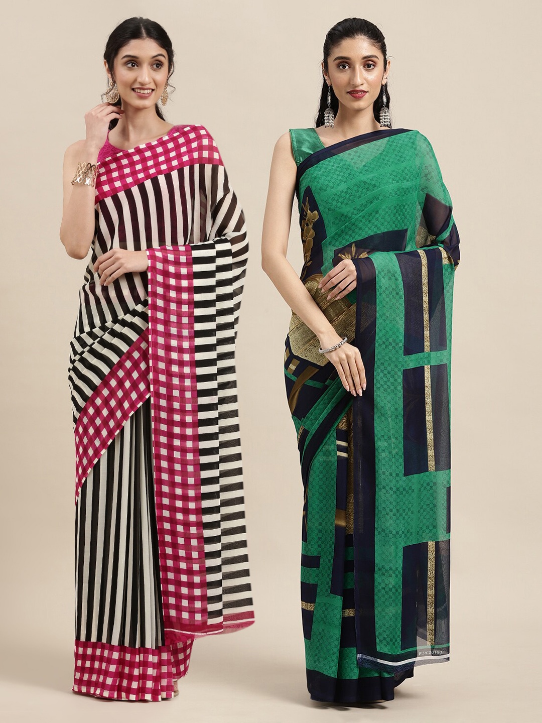 

KALINI Pack Of 2 Green & Blue Printed Sarees