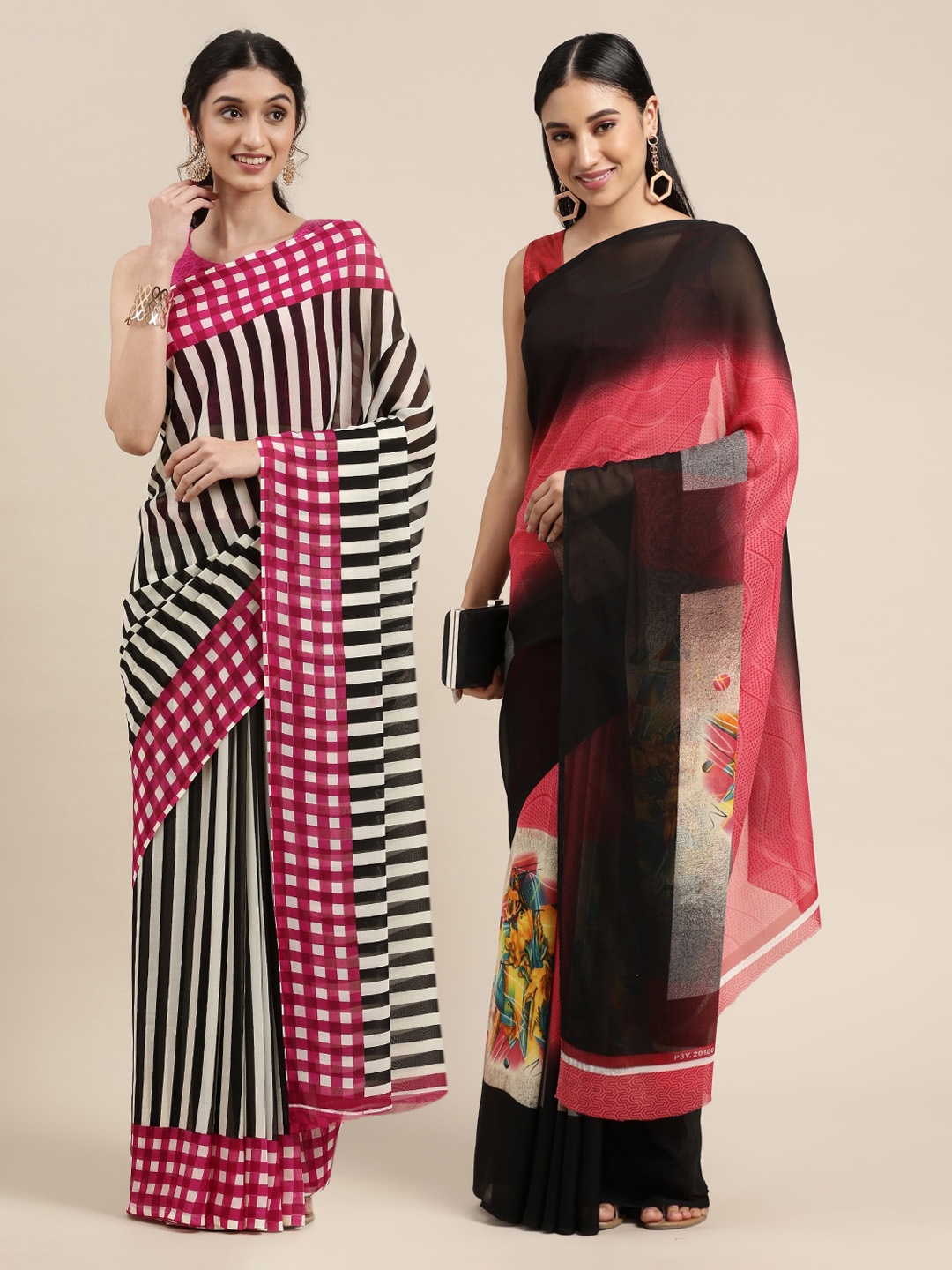 

KALINI Black & Pink Printed Pack of 2 Poly Georgette Sarees
