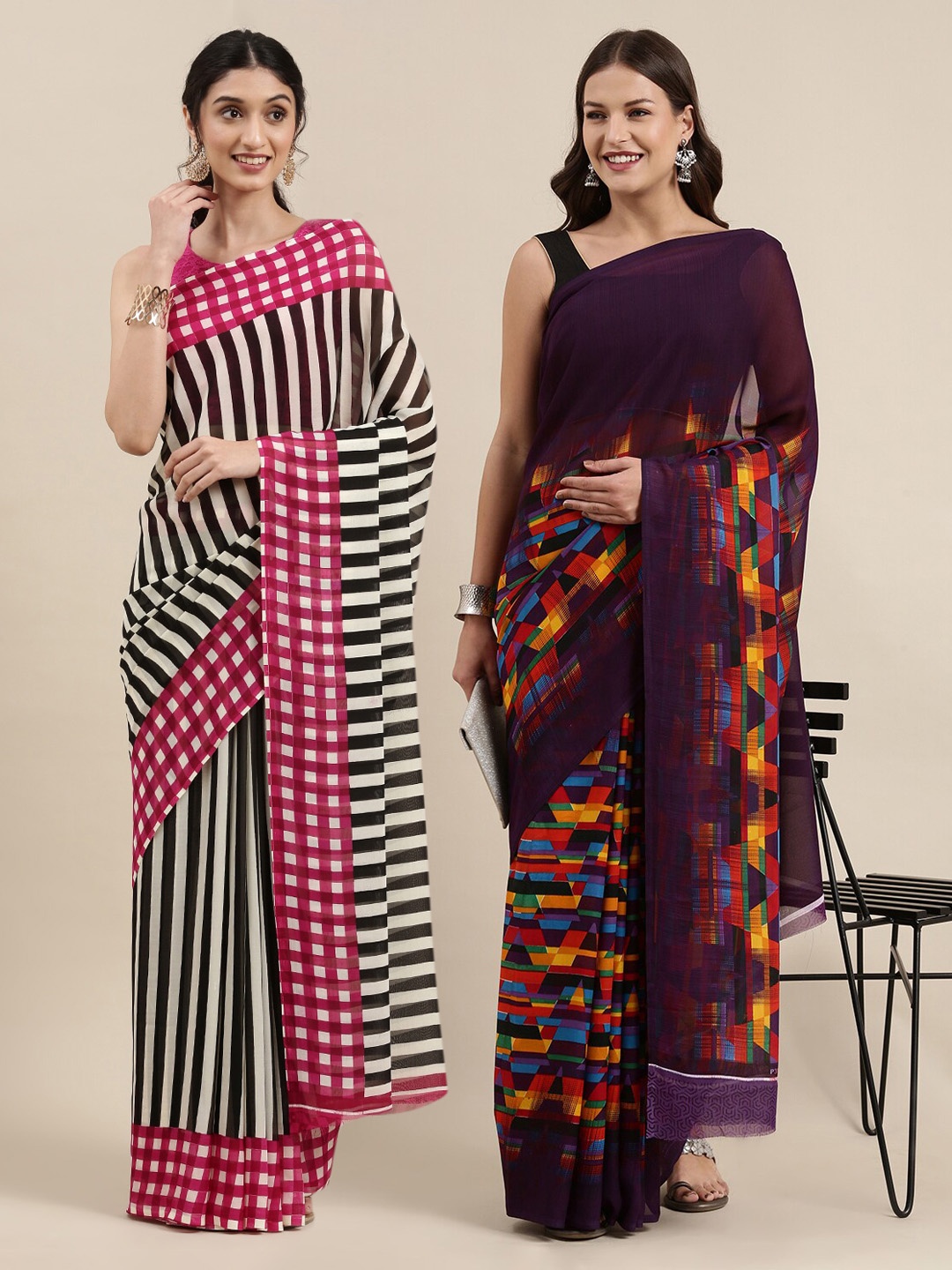 

KALINI Pack of 2 Printed Poly Georgette Sarees, Purple