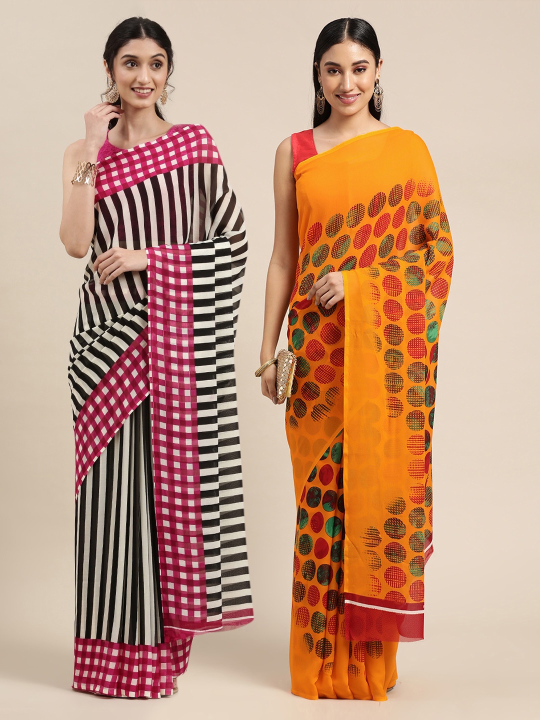 

KALINI Pack of 2 Mustard & Pink Polka Dots Saree