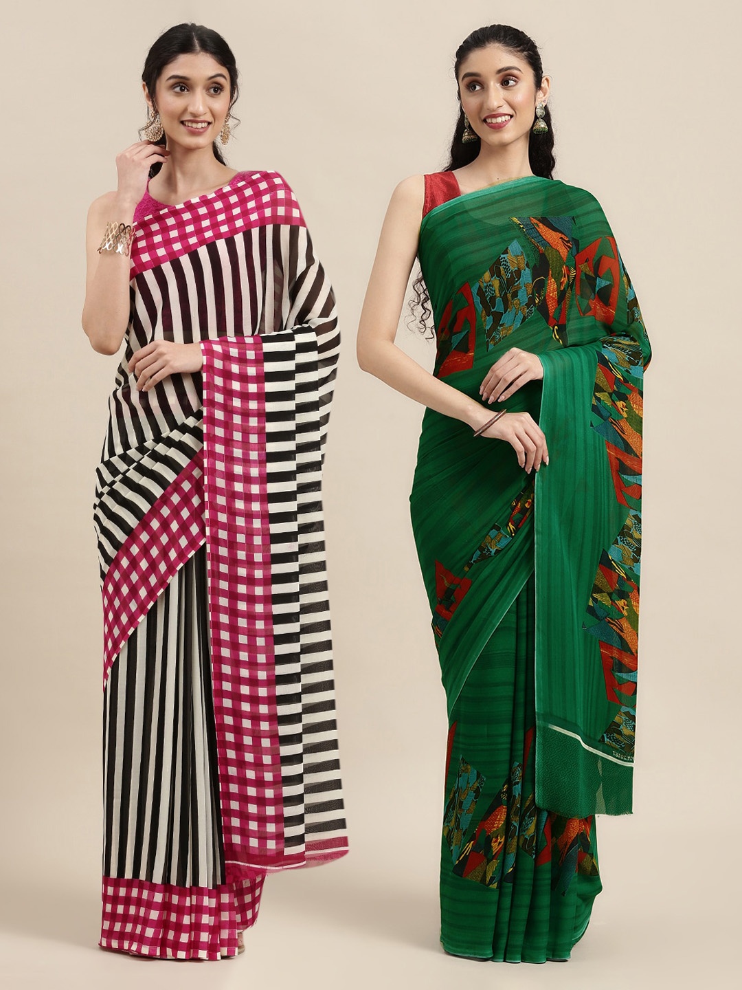 

KALINI Pack Of 2 Printed Sarees, Green