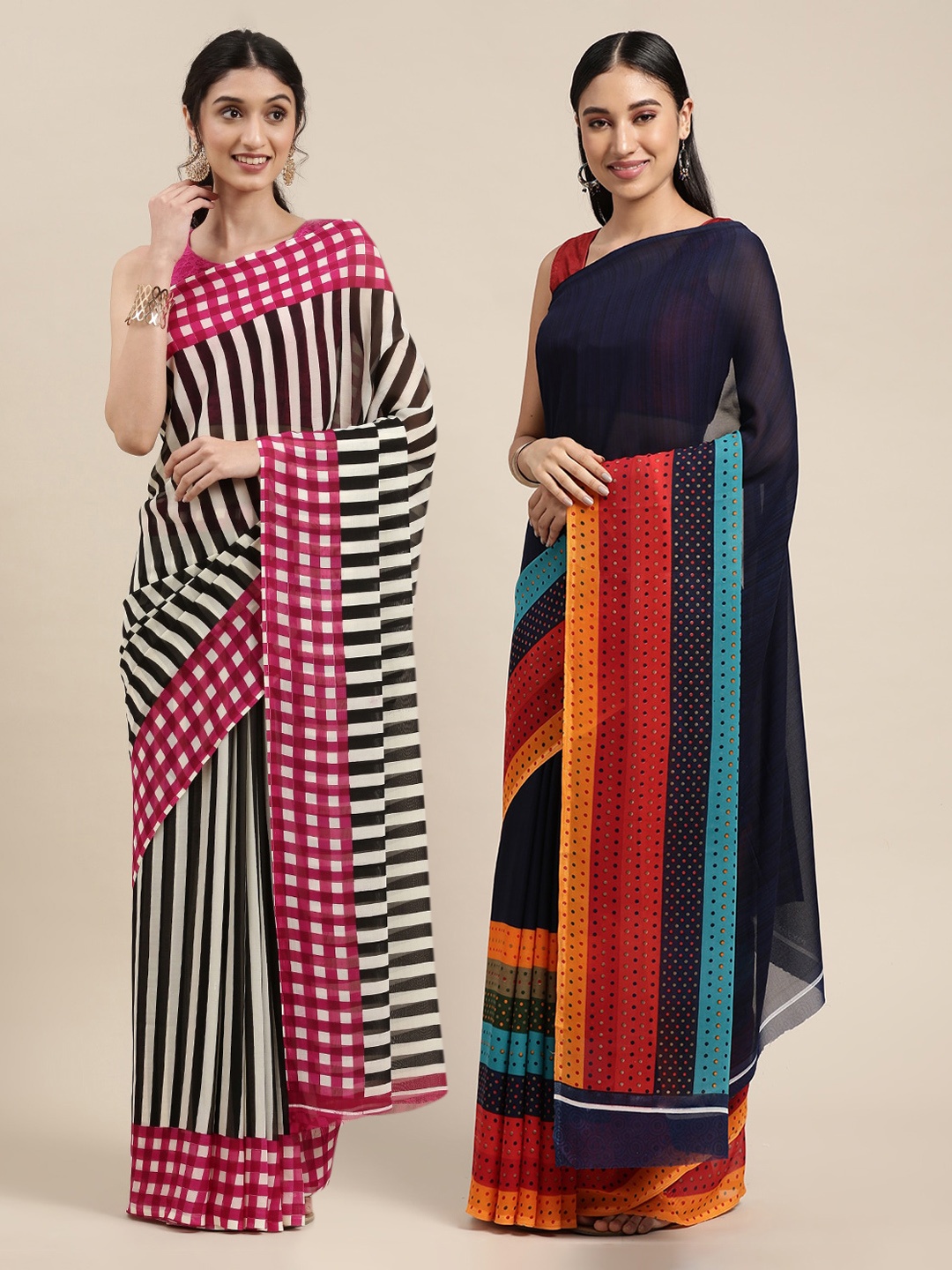 

KALINI Pack of 2 Printed Sarees, Navy blue
