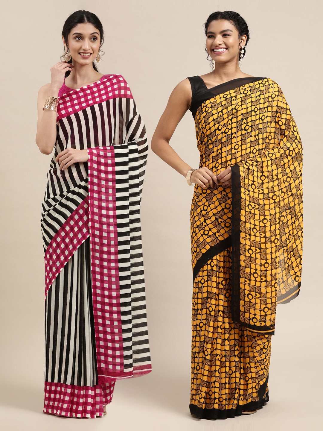 

KALINI Pack Of 2 Mustard & Black Printed Sarees