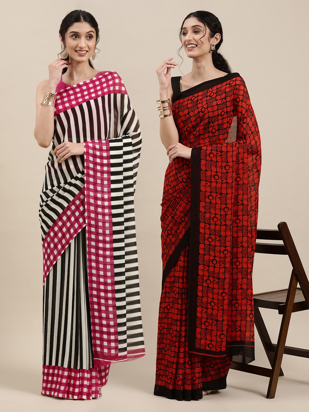 

KALINI Black & Red Printed Pack of 2 Poly Georgette Sarees