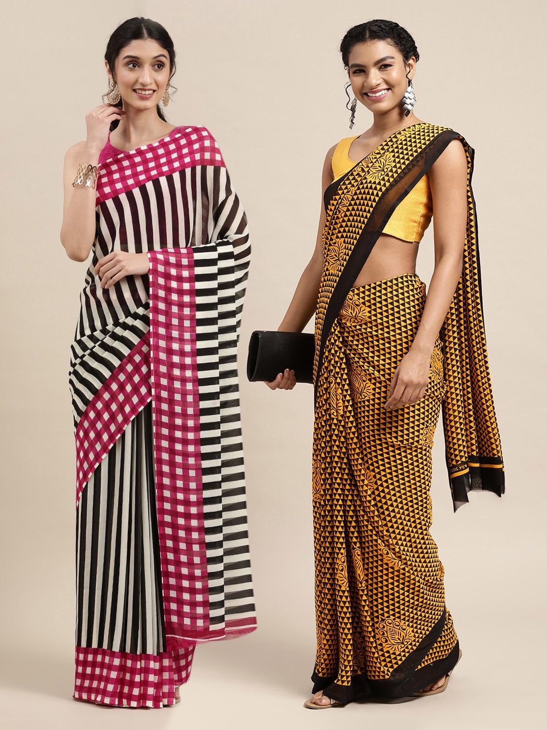 

KALINI Pack of 2 Printed Poly Georgette Sarees, Mustard