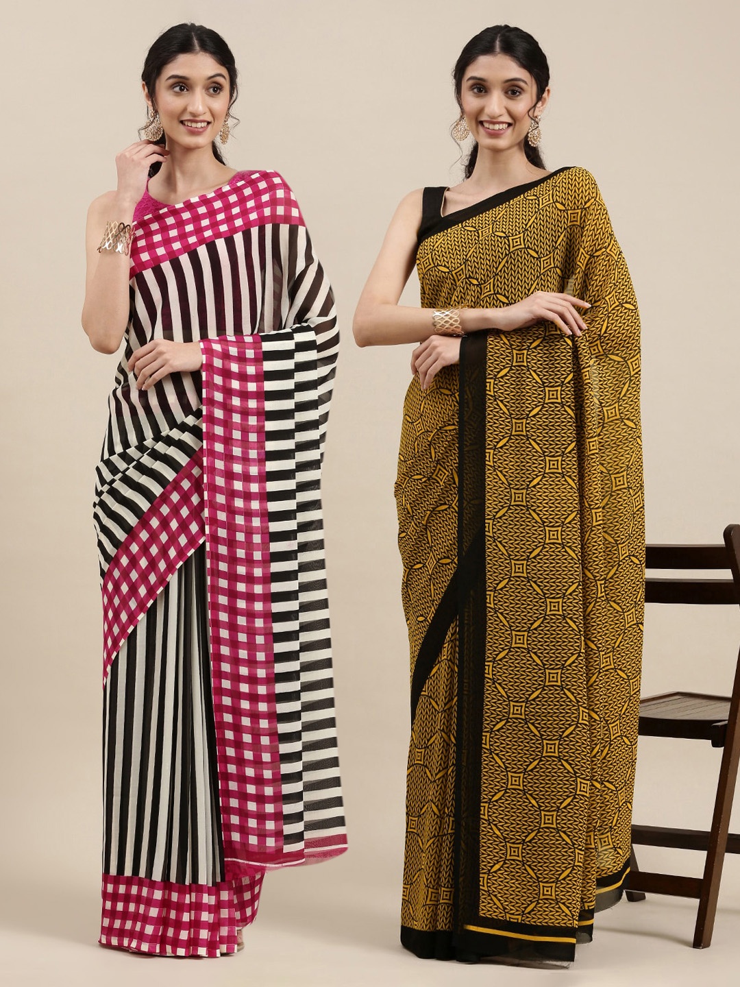 

KALINI Pack of 2 Black & Yellow Printed Saree