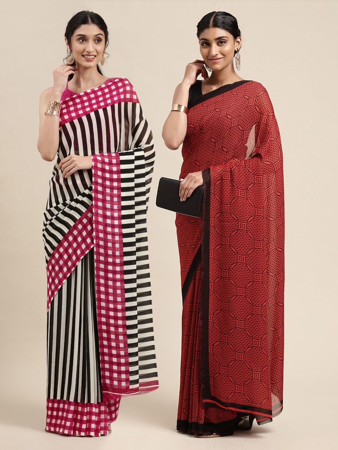 

KALINI Pack of 2 Black & White Striped Saree