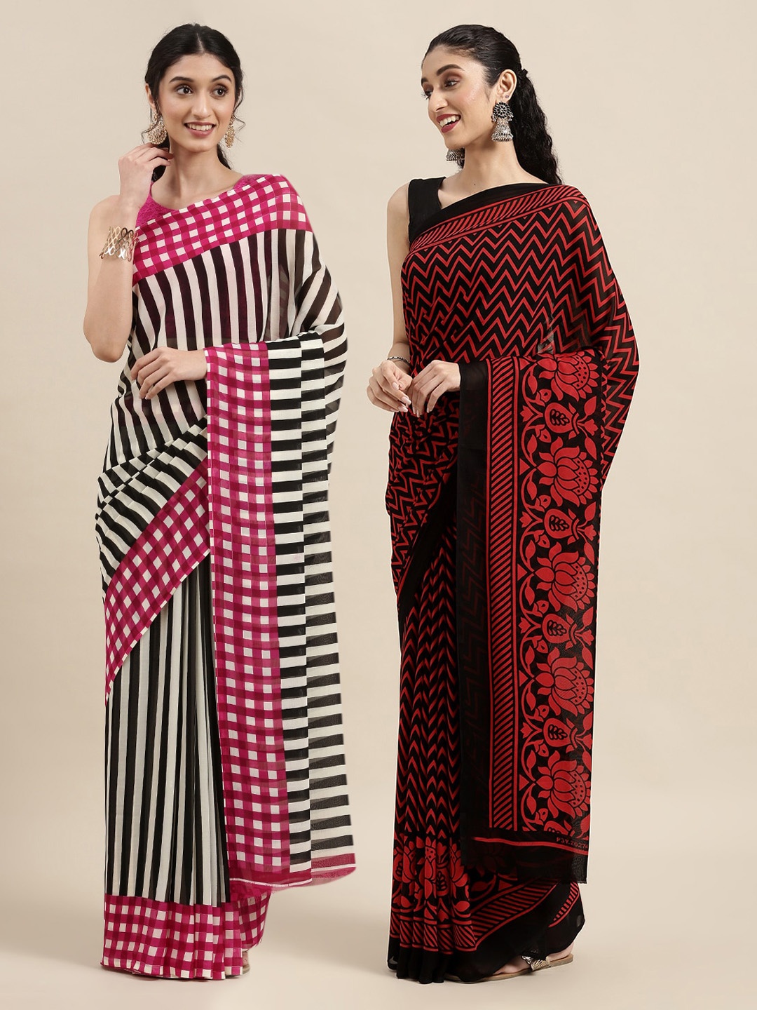

KALINI Pack of 2 Printed Sarees, Black
