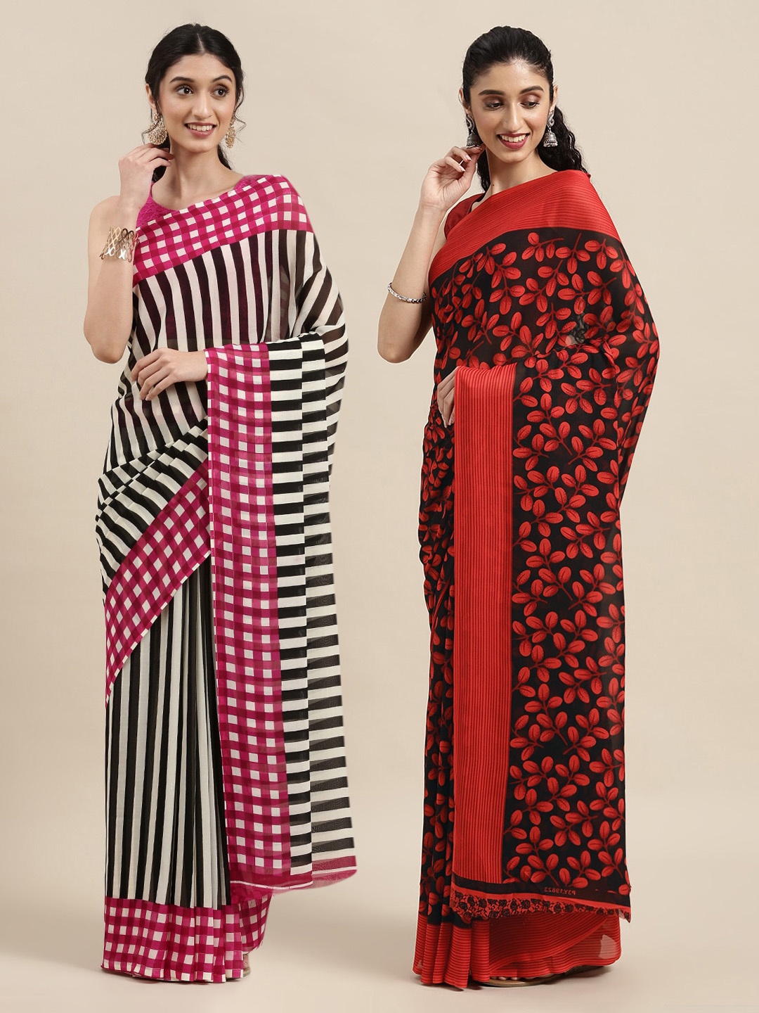 

KALINI Black & Red Printed Pack of 2 Poly Georgette Sarees