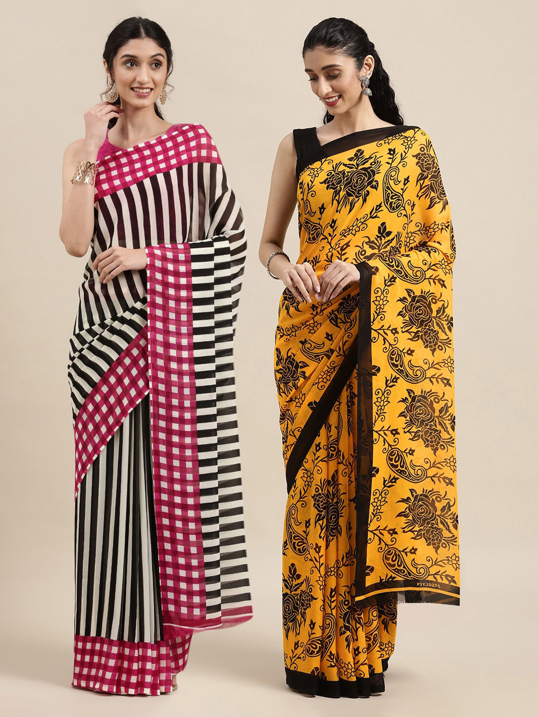 

KALINI Pack of 2 Printed Poly Georgette Sarees, Yellow