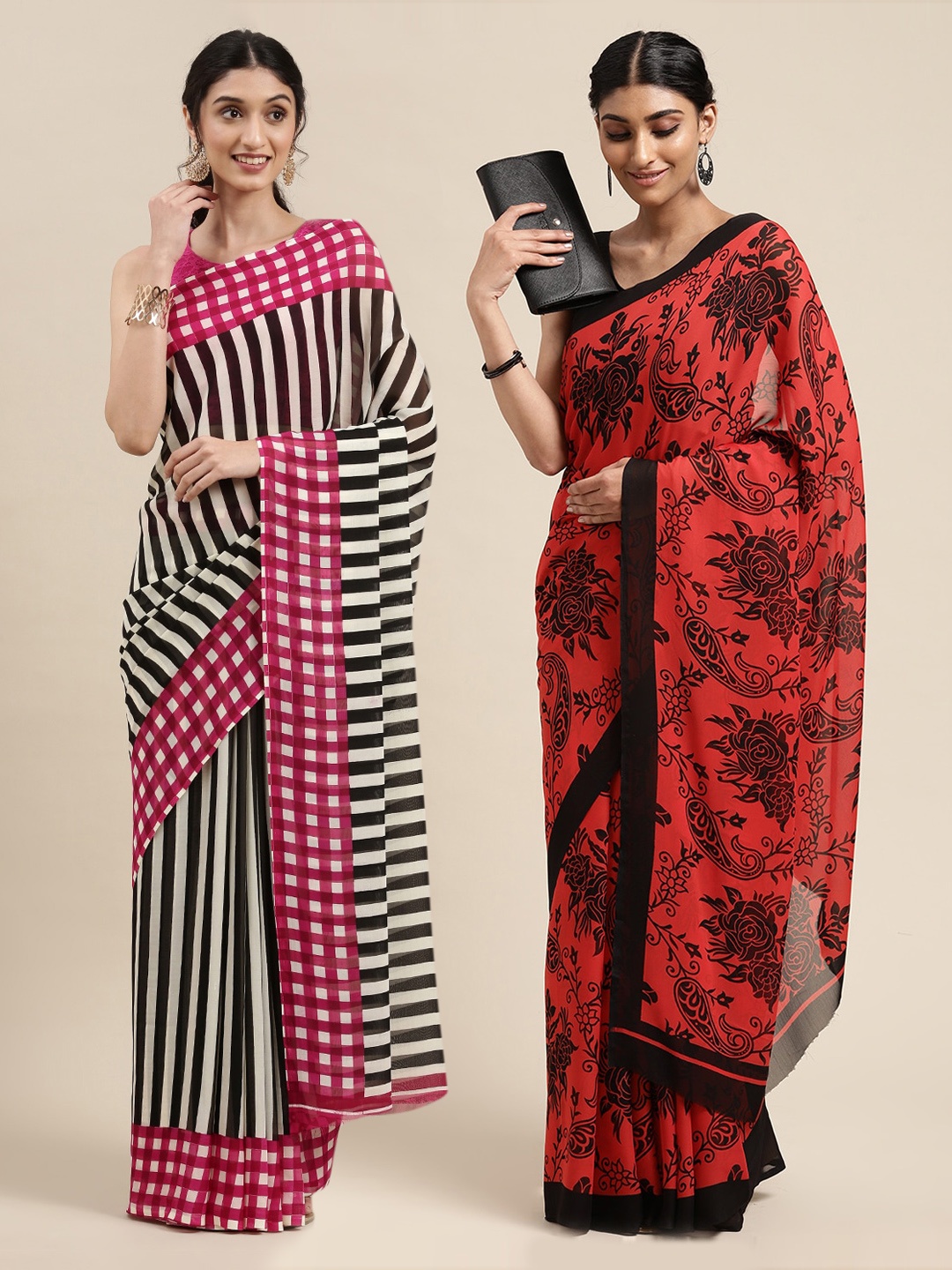

KALINI Set of 2 Poly Georgette Saree, Red