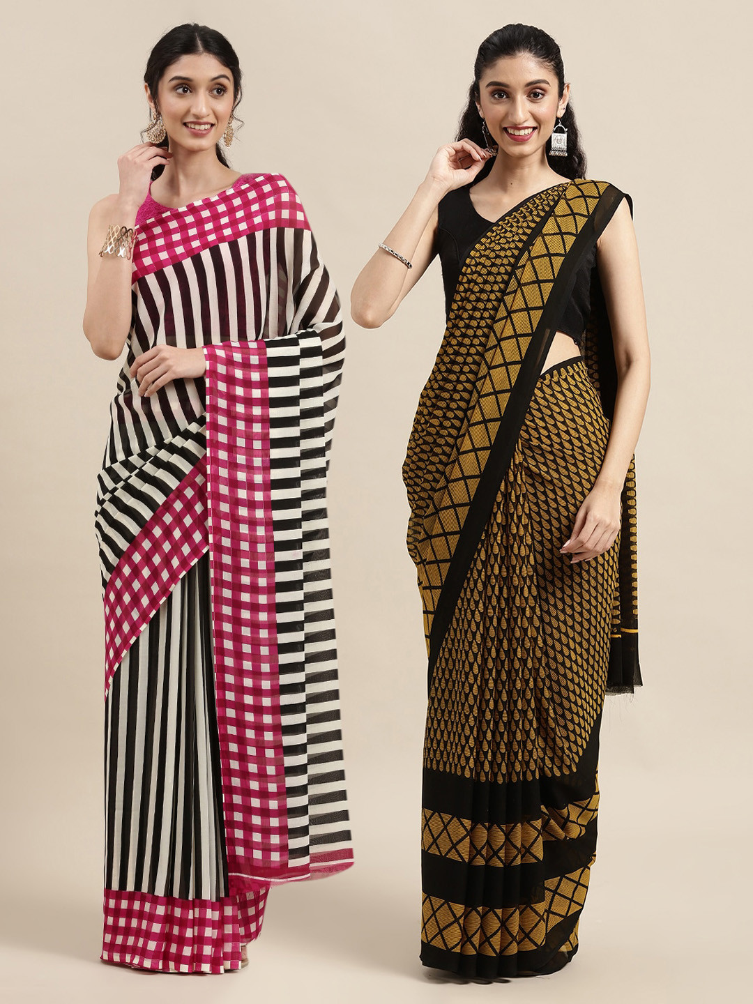 

KALINI Pack of 2 Black & Yellow Printed Saree