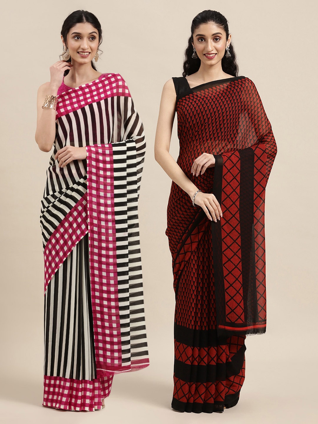 

KALINI Pack of 2 Black & Pink Geometric Print Saree
