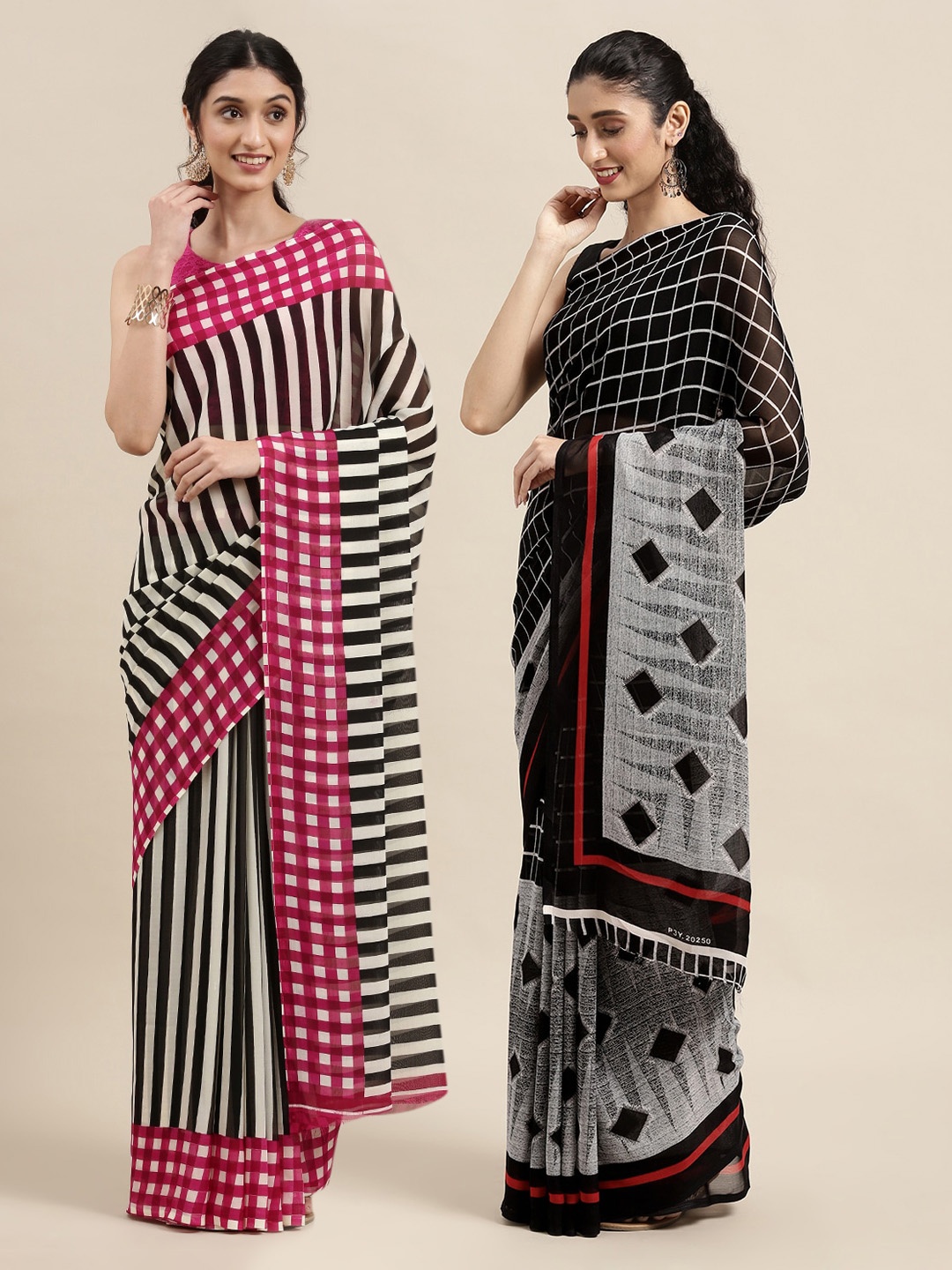 

KALINI Pack of 2 Printed Poly Georgette Sarees, Black