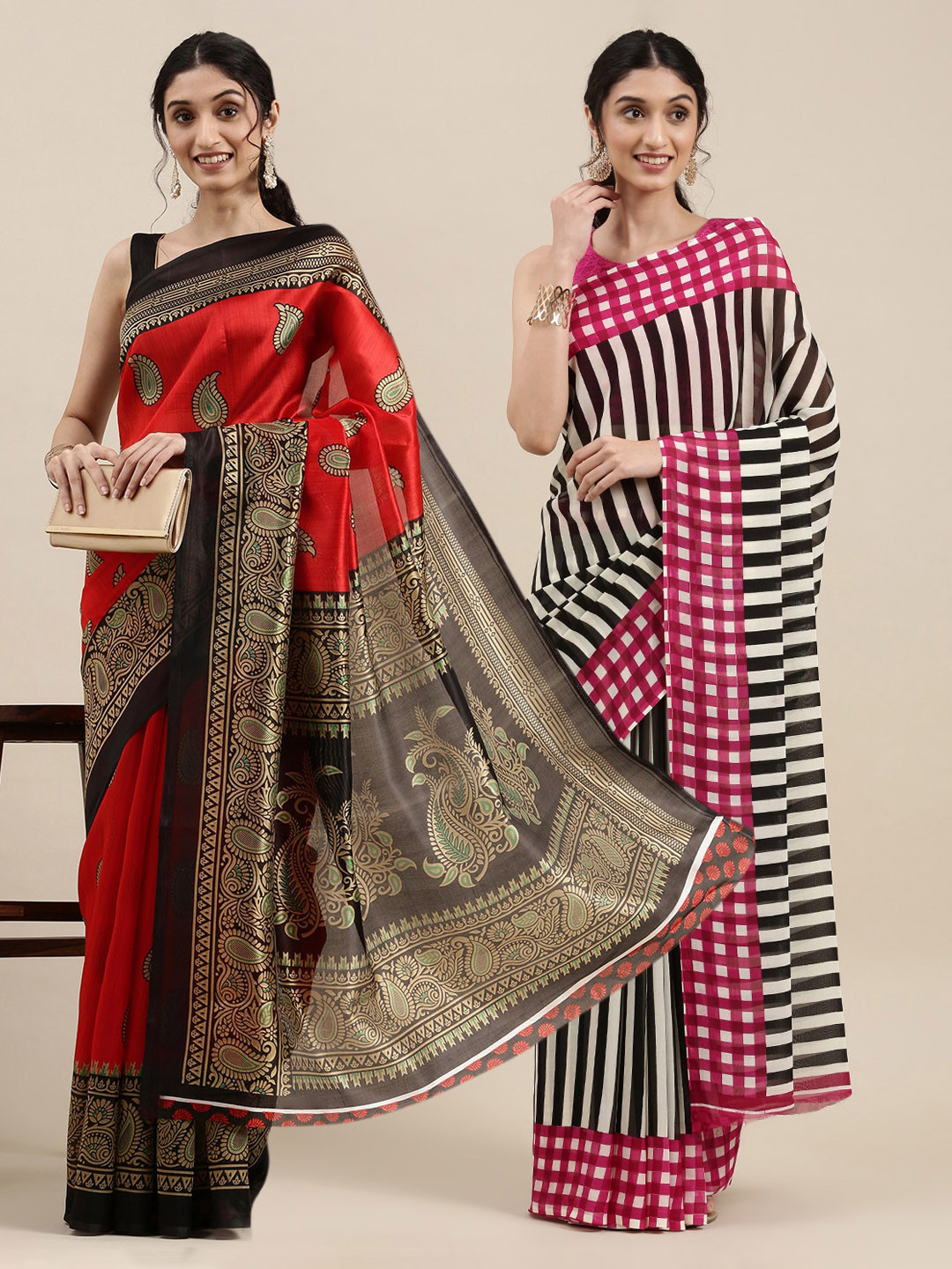 

KALINI Pack Of 2 Red & Black Printed Sarees