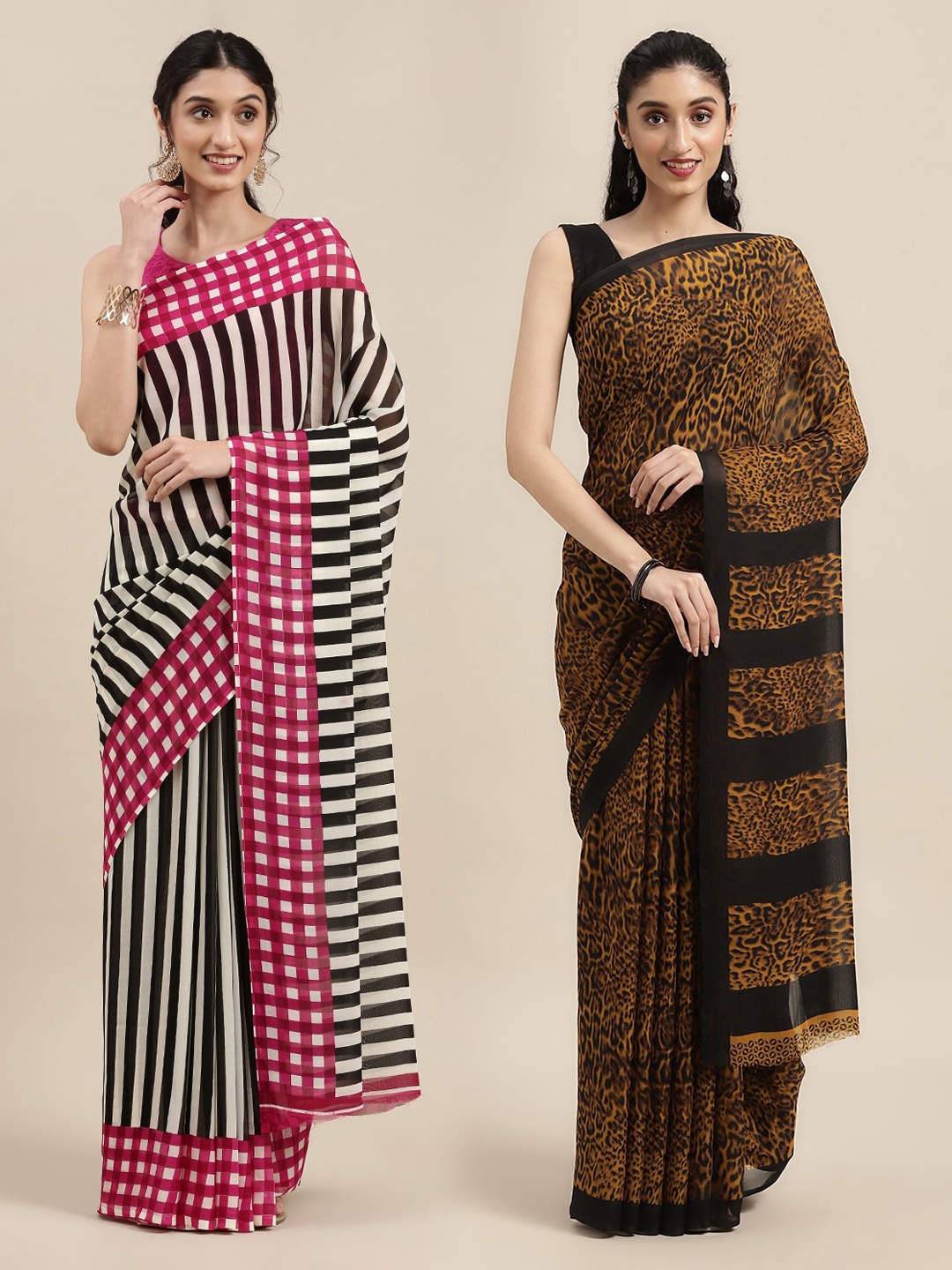 

KALINI Pack of 2 Printed Poly Georgette Sarees, Mustard