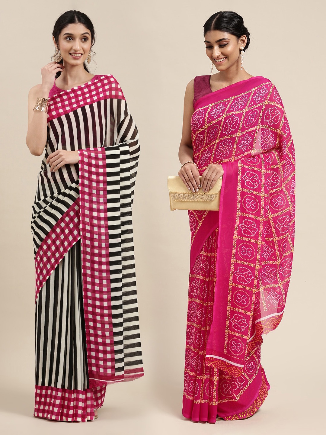 

KALINI Pack of 2 Pink & Black Bandhani Print Saree