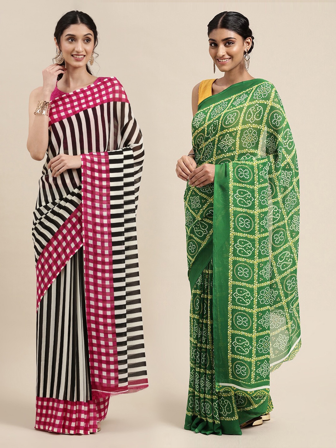 

KALINI Pack of 2 Printed Poly Georgette Sarees, Green