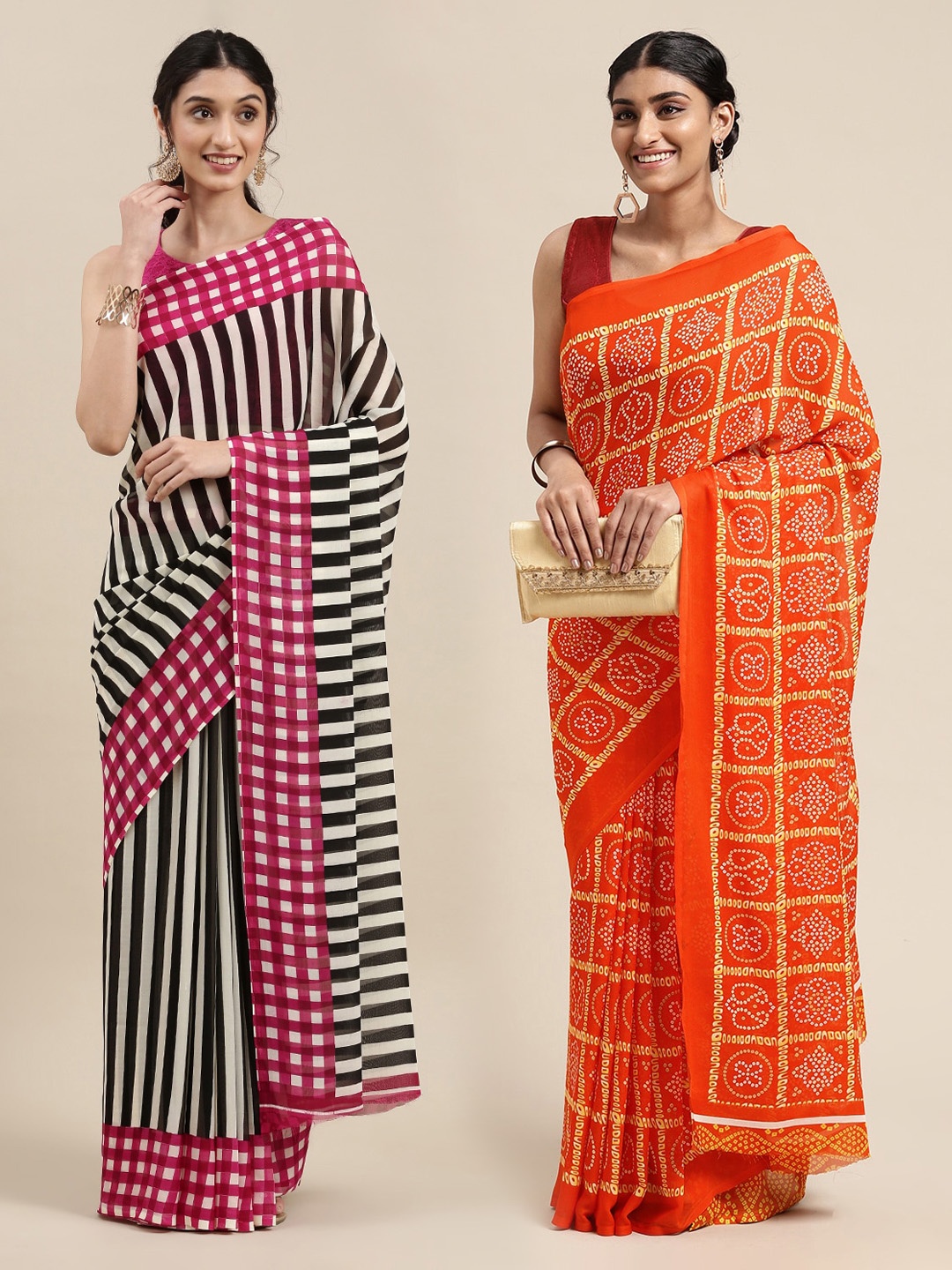 

KALINI Pack of 2 Printed Sarees, Orange