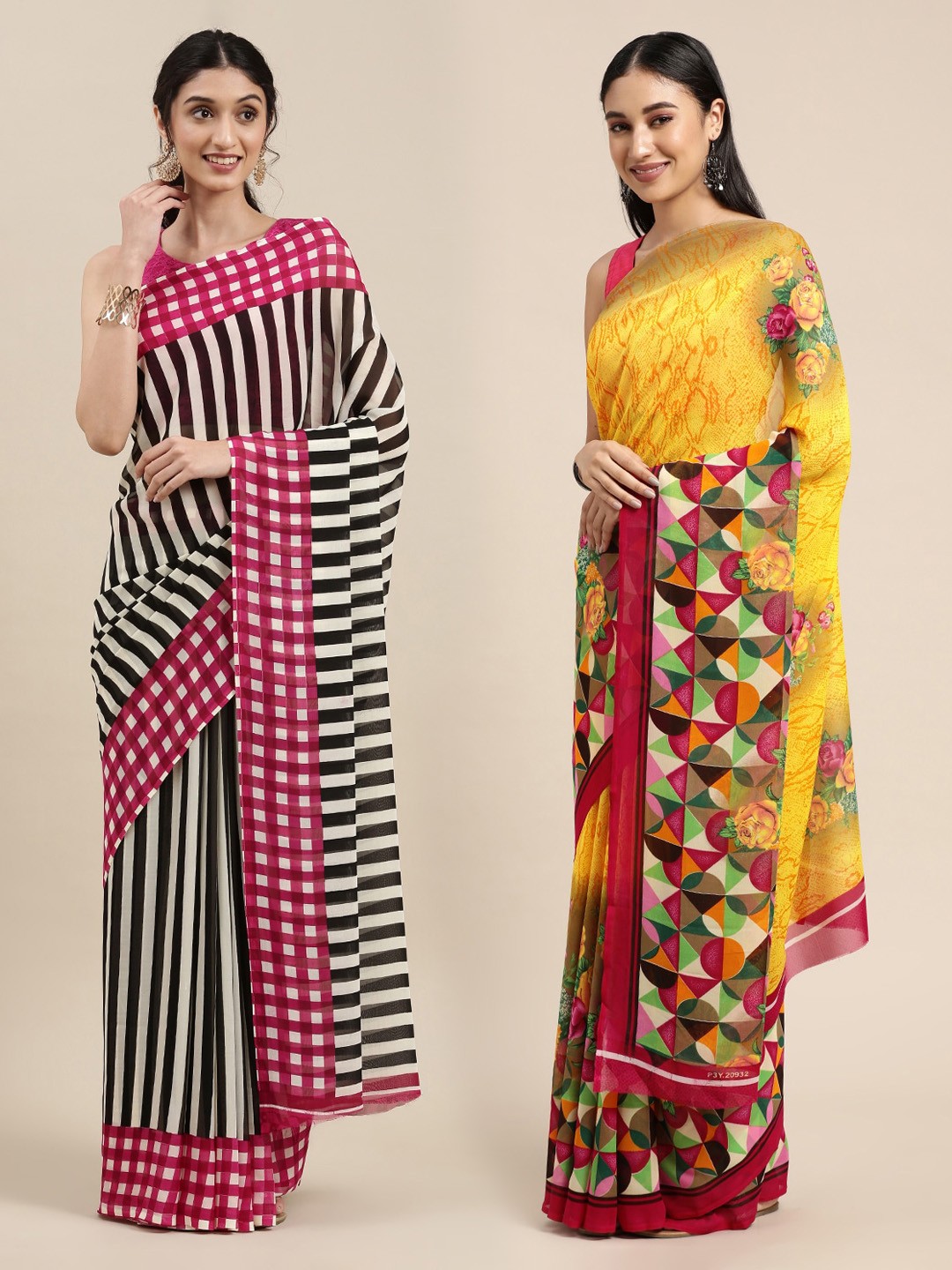 

KALINI Black & Yellow Printed Pack of 2 Poly Georgette Sarees
