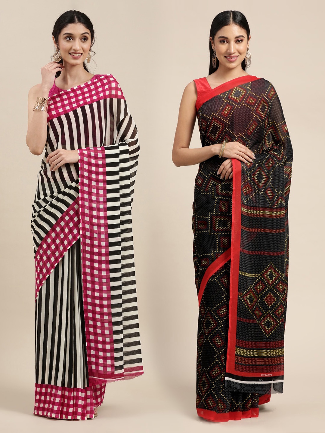 

KALINI Pack of 2 Printed Poly Georgette Sarees, Navy blue