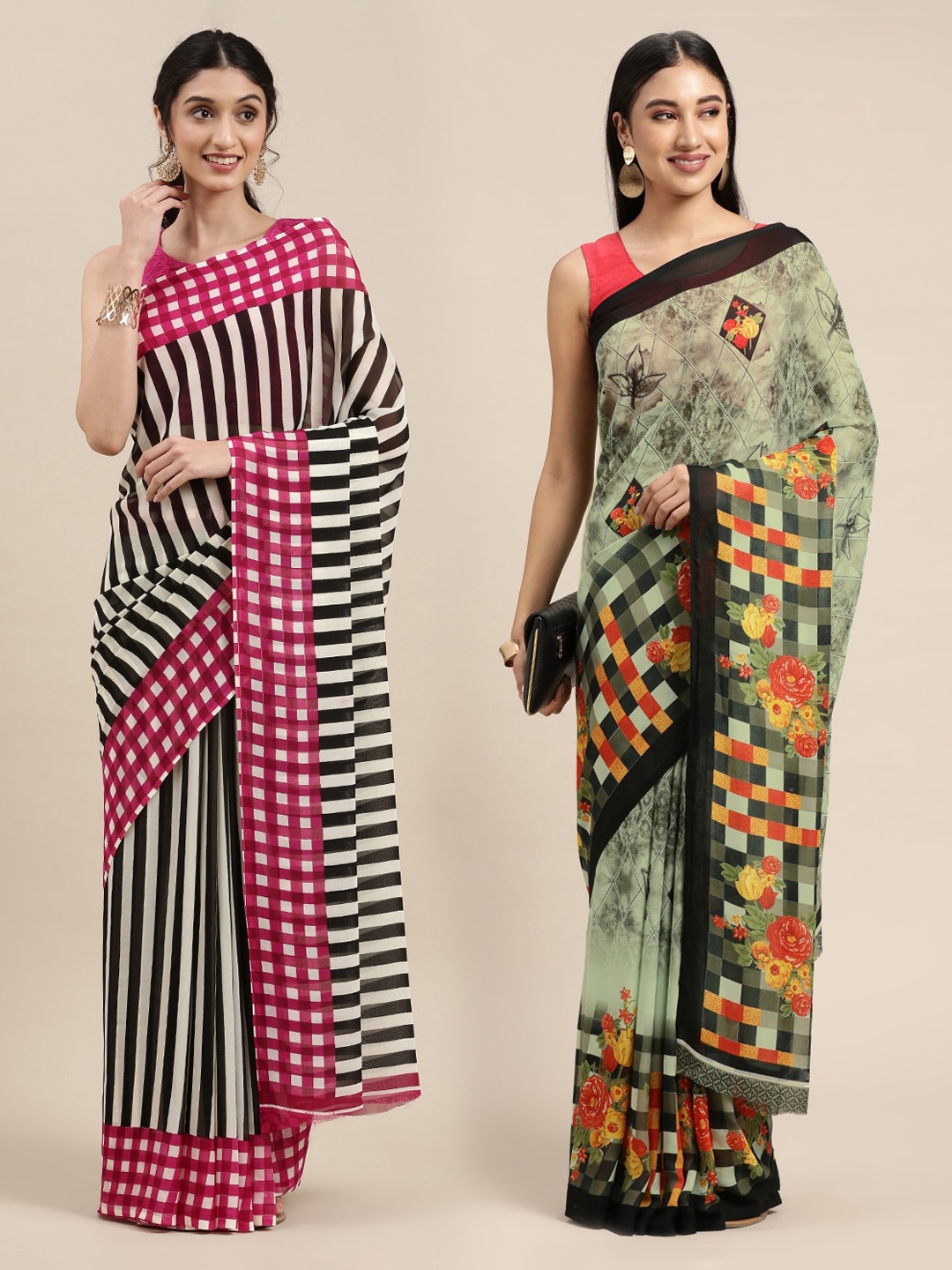 

KALINI Pack of 2 Green & Black Floral Saree