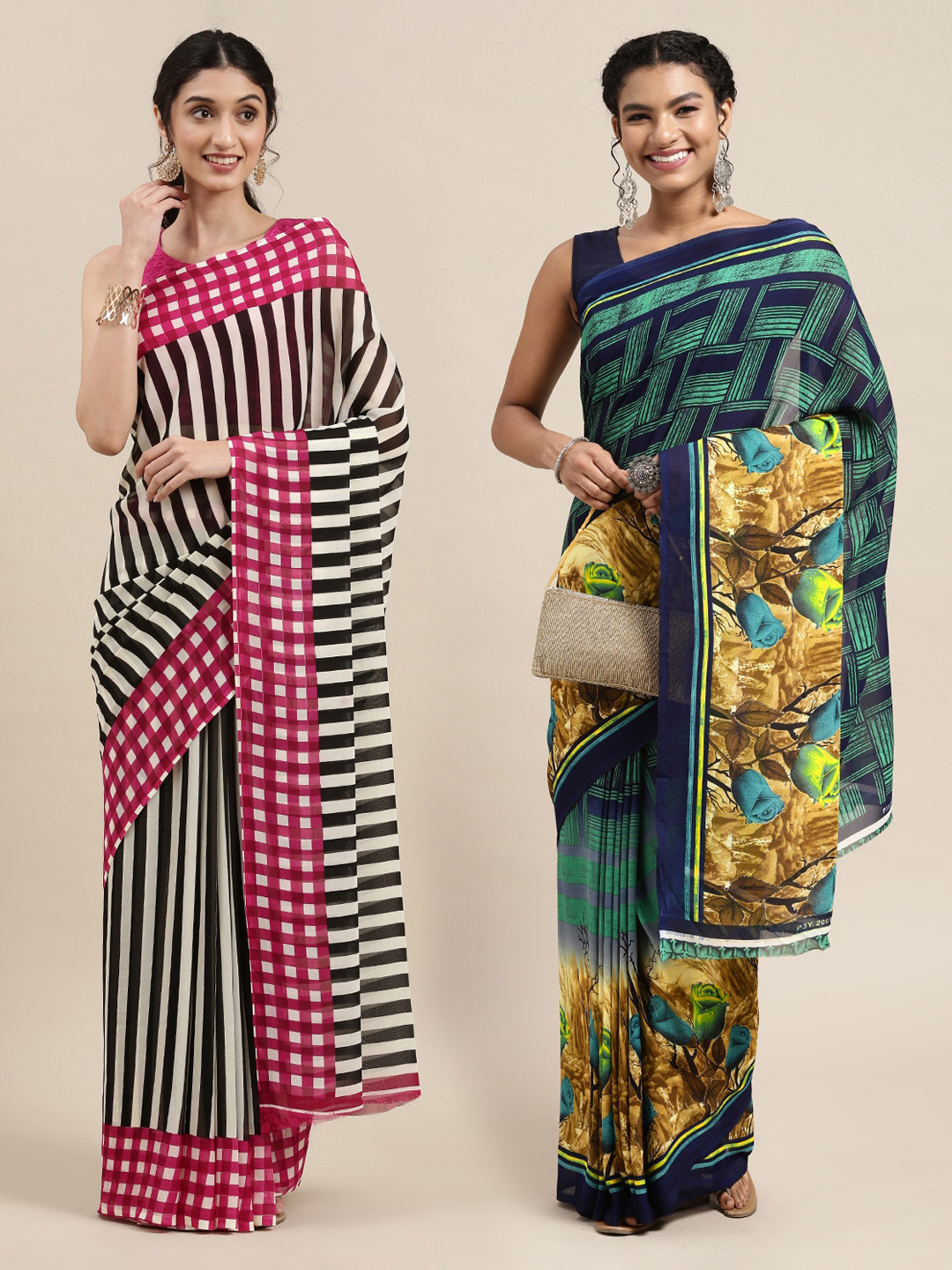 

KALINI Black & Green Printed Pack of 2 Poly Georgette Sarees