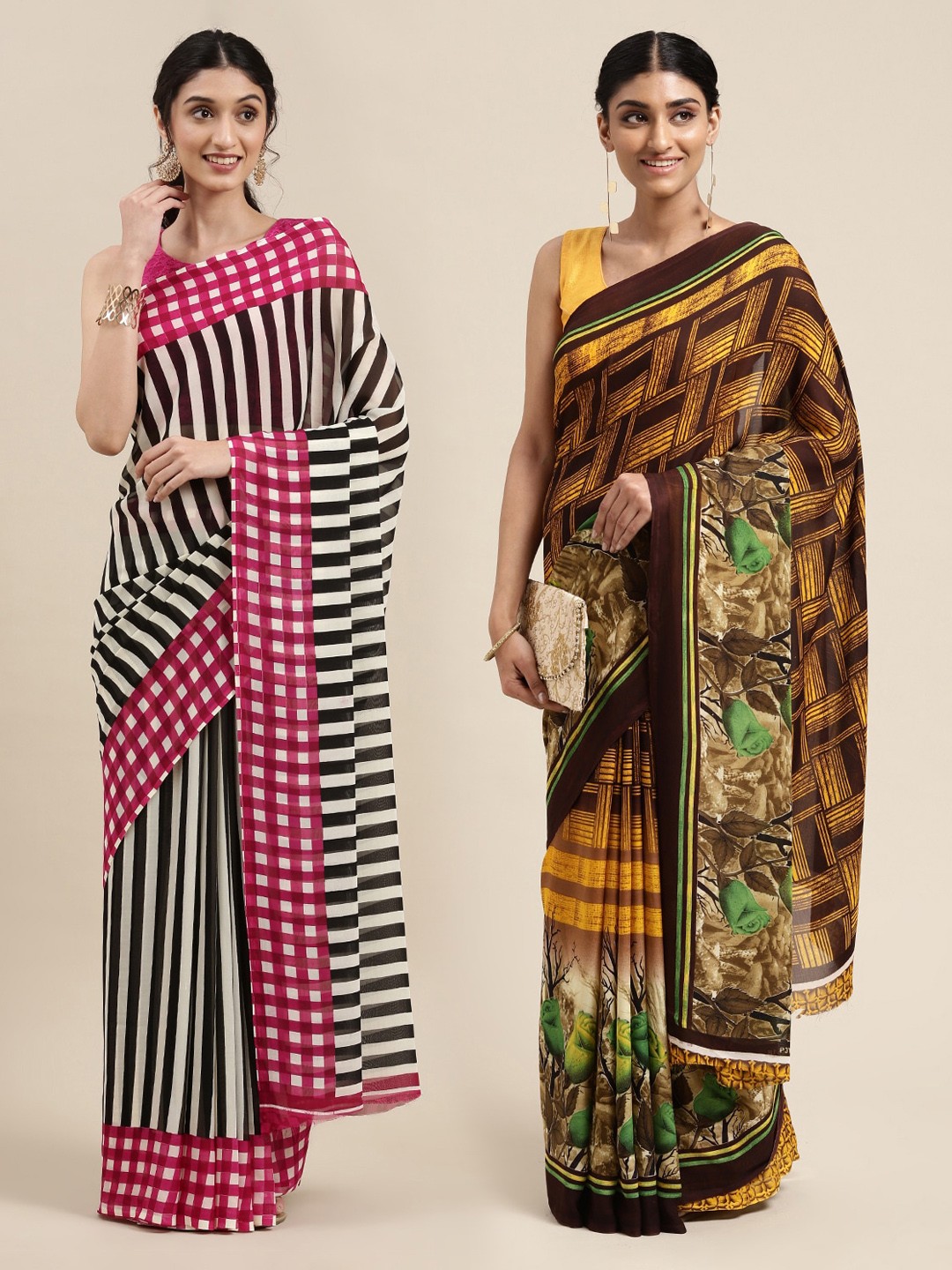 

KALINI Pack of 2 Printed Poly Georgette Sarees, Black