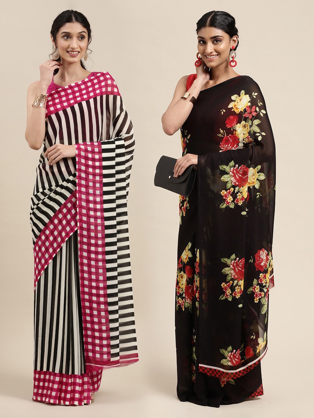 

ANAND SAREES Pack of 2 Black & White Striped Saree