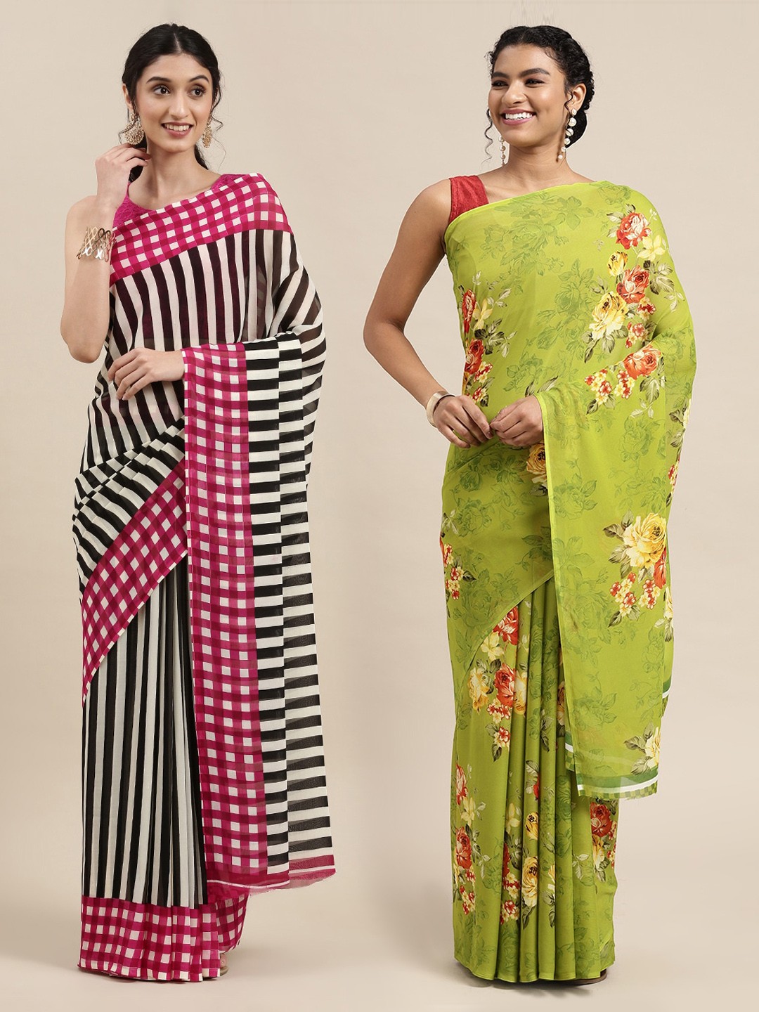 

KALINI Pack of 2 Floral Printed Sarees, Lime green