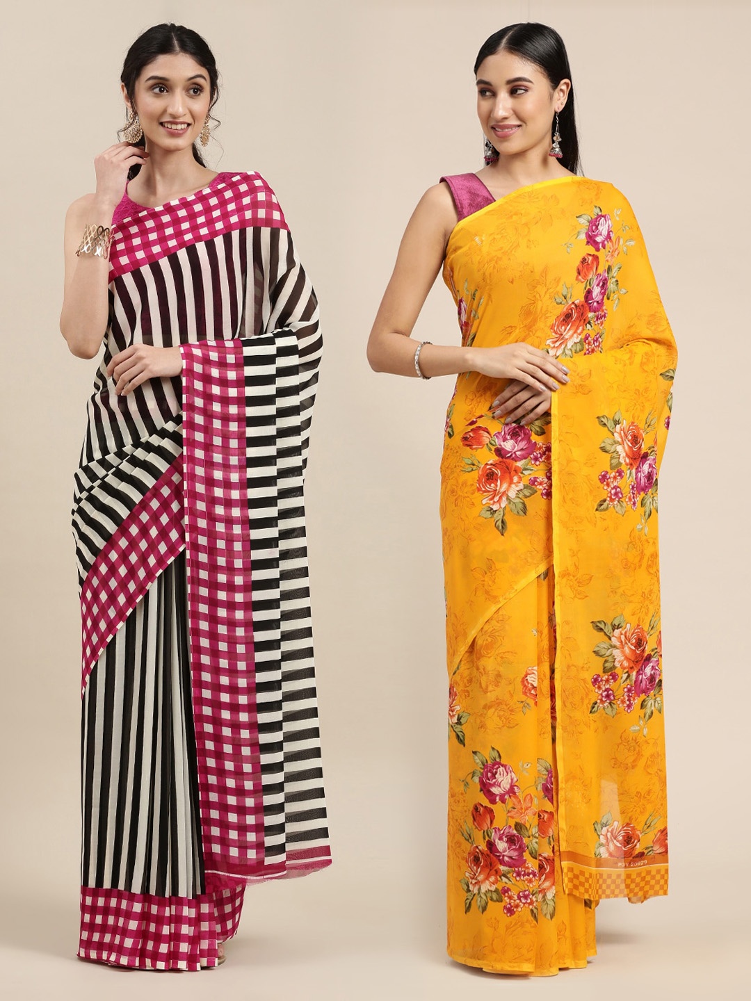 

KALINI Black & Yellow Printed Pack of 2 Poly Georgette Sarees