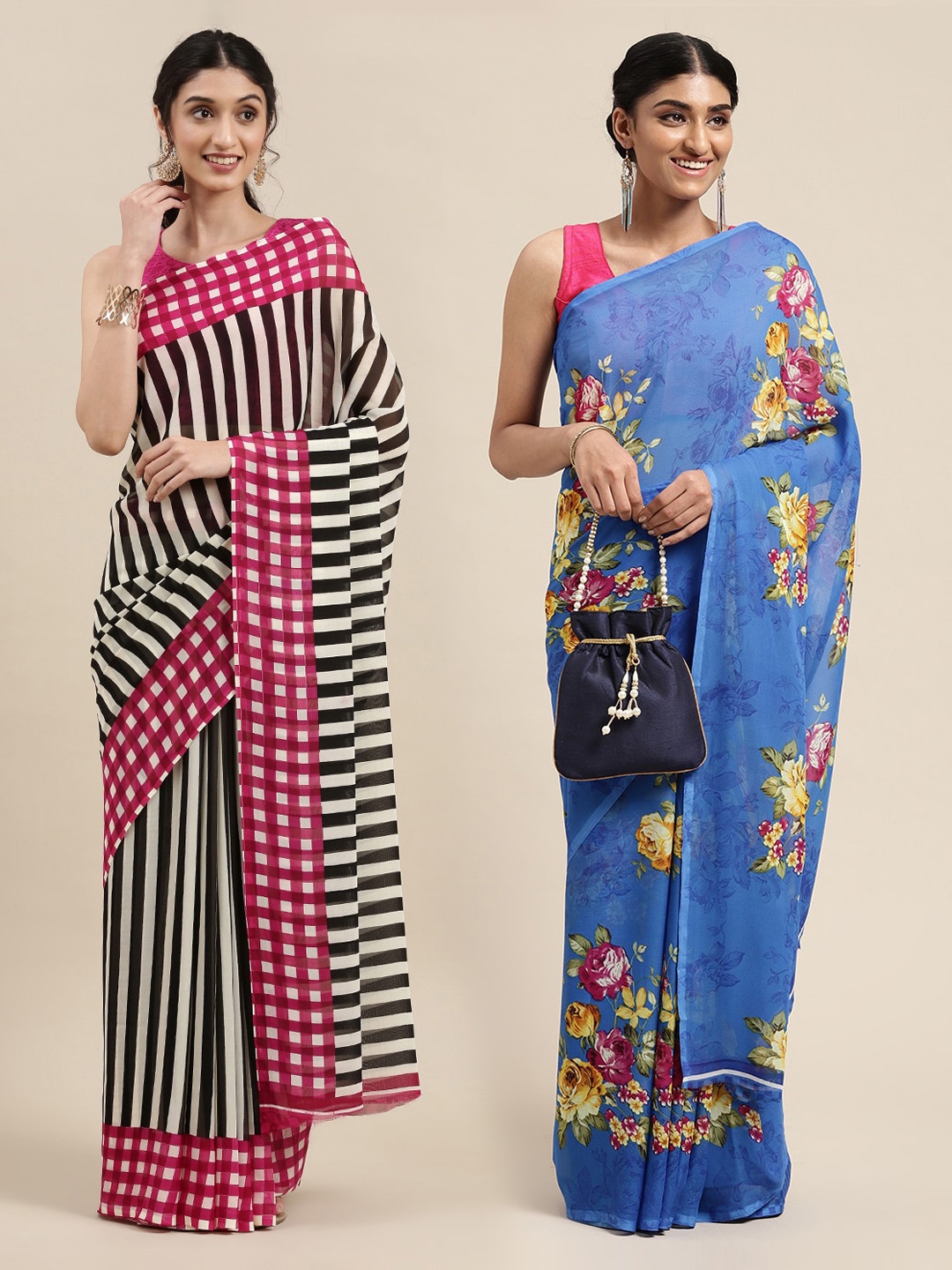 

ANAND SAREES Pack of 2 Printed Poly Georgette Sarees, Blue
