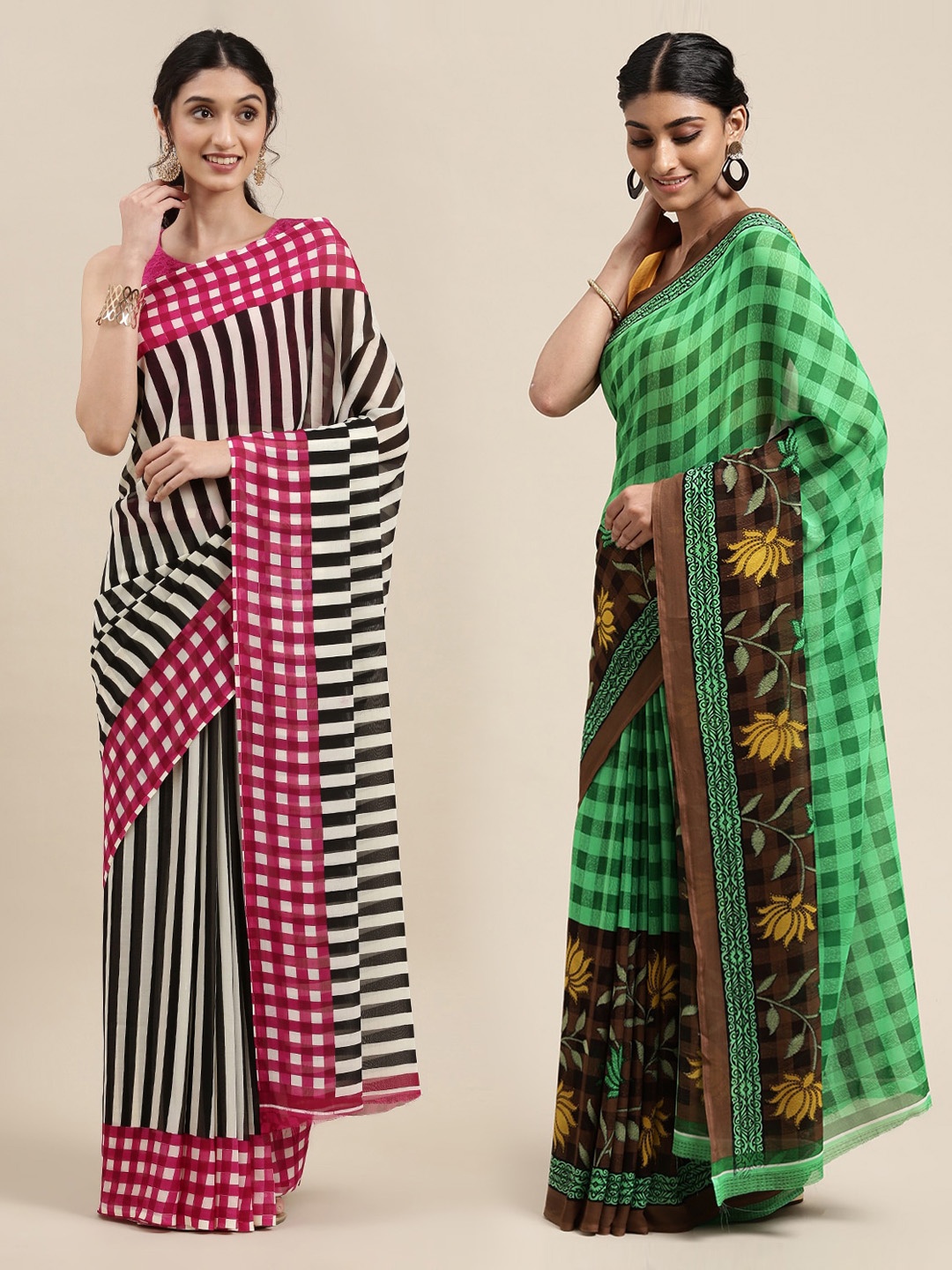 

KALINI Pack of 2 Black & Green Printed Saree