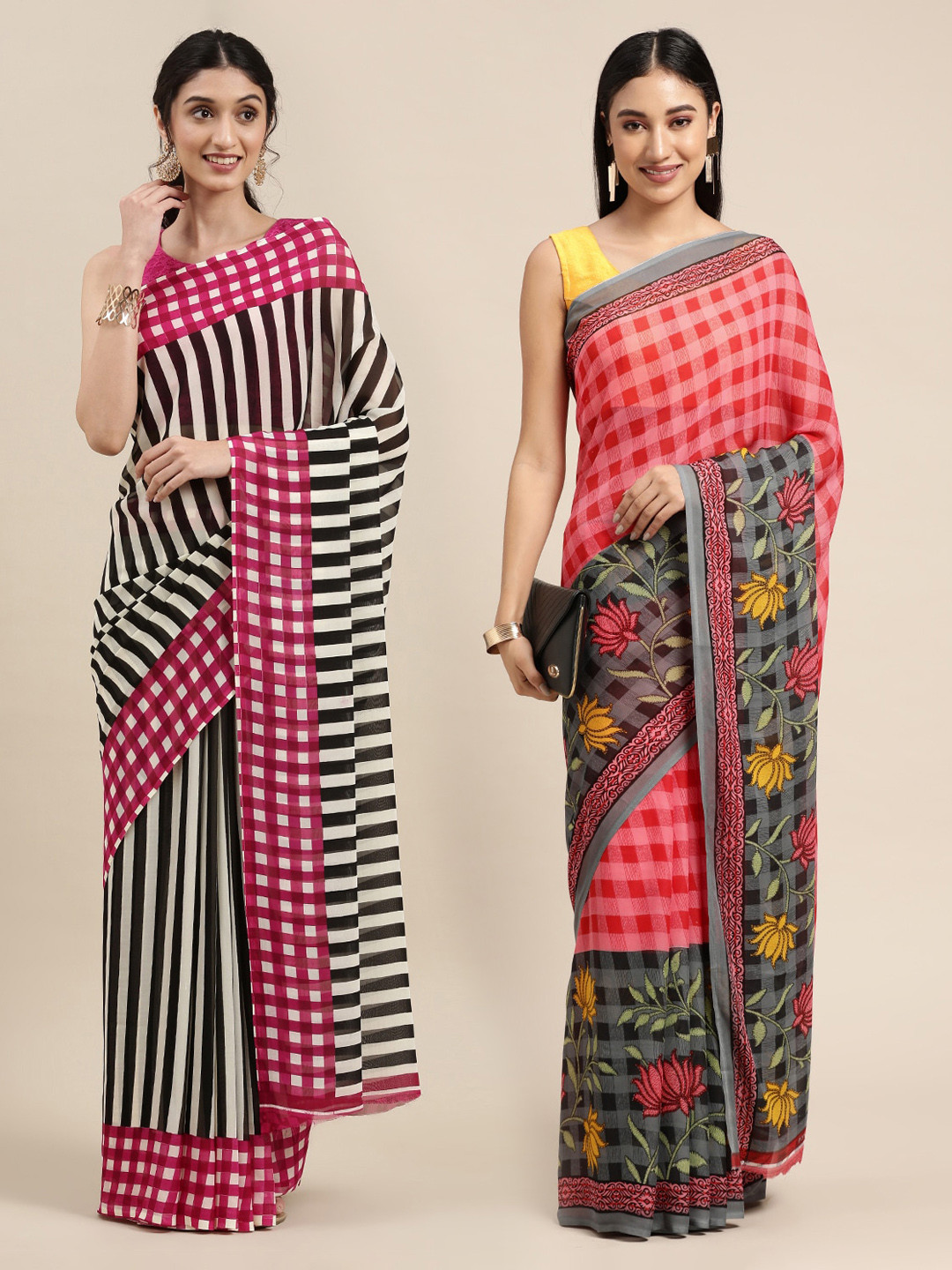 

KALINI Pack of 2 Black & White Striped Saree