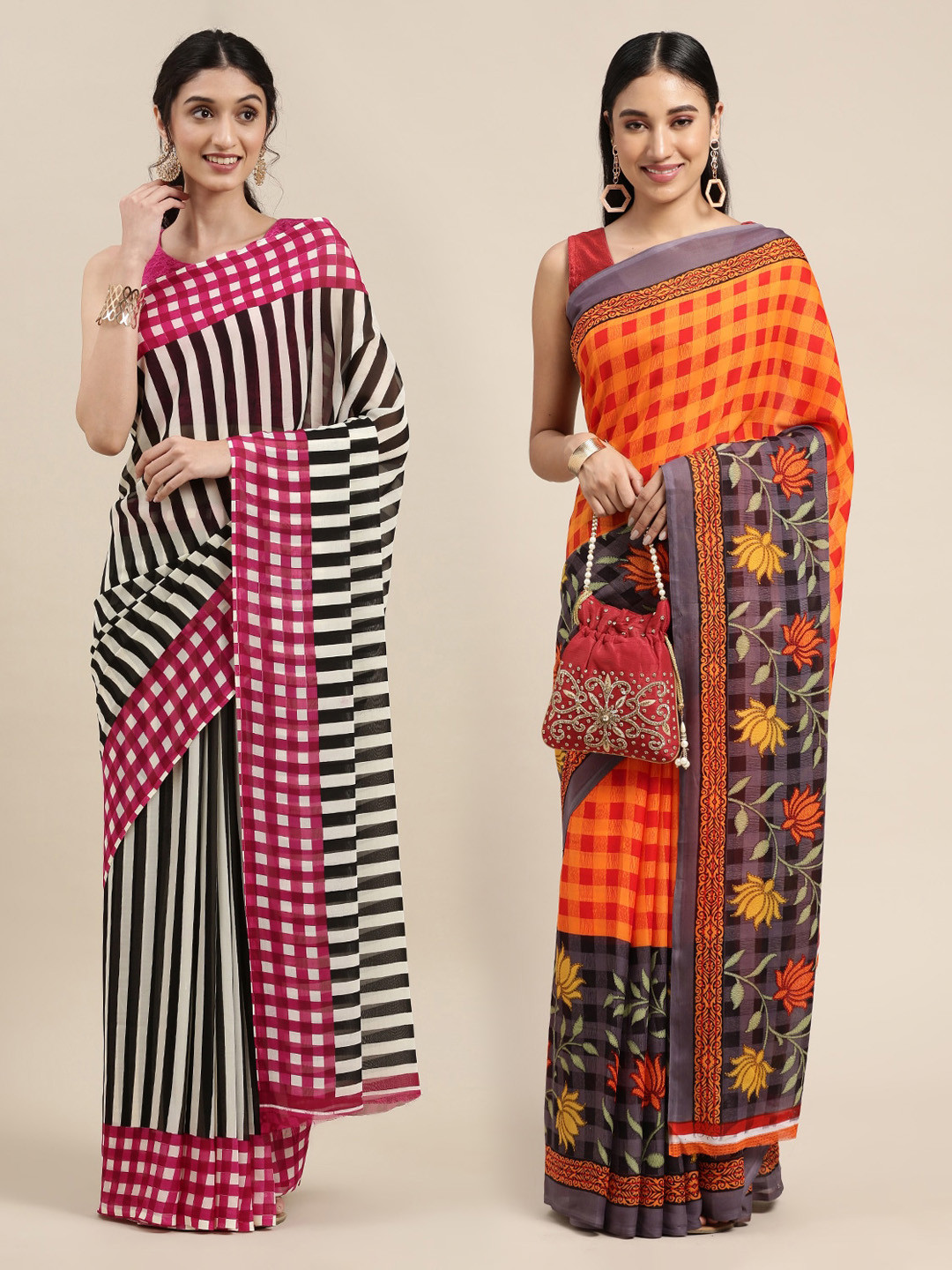 

KALINI Pack of 2 Printed Poly Georgette Sarees, Black
