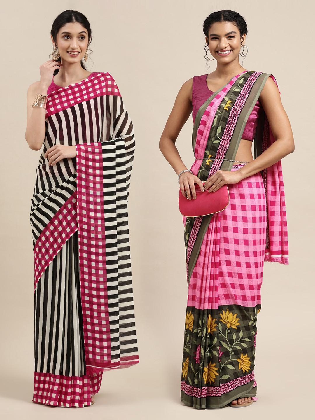 

KALINI Pack of 2 Floral Printed Sarees, Pink
