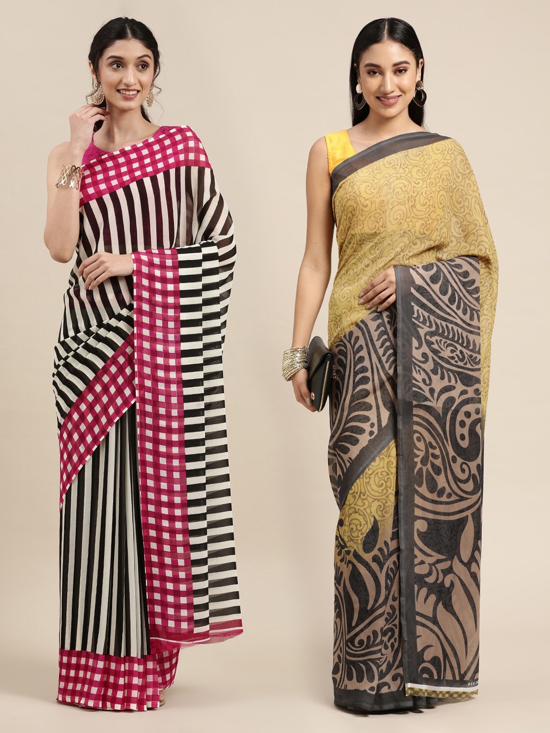 

KALINI Pack Of 2 Yellow & Grey Printed Sarees