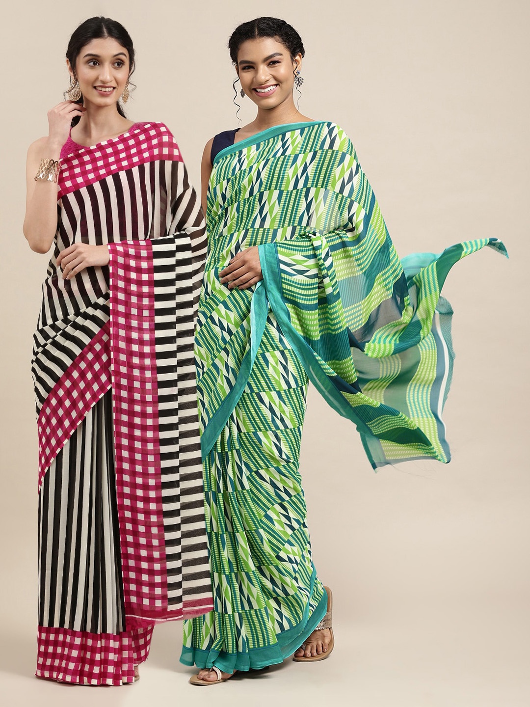 

KALINI Black & Green Printed Pack of 2 Poly Georgette Sarees