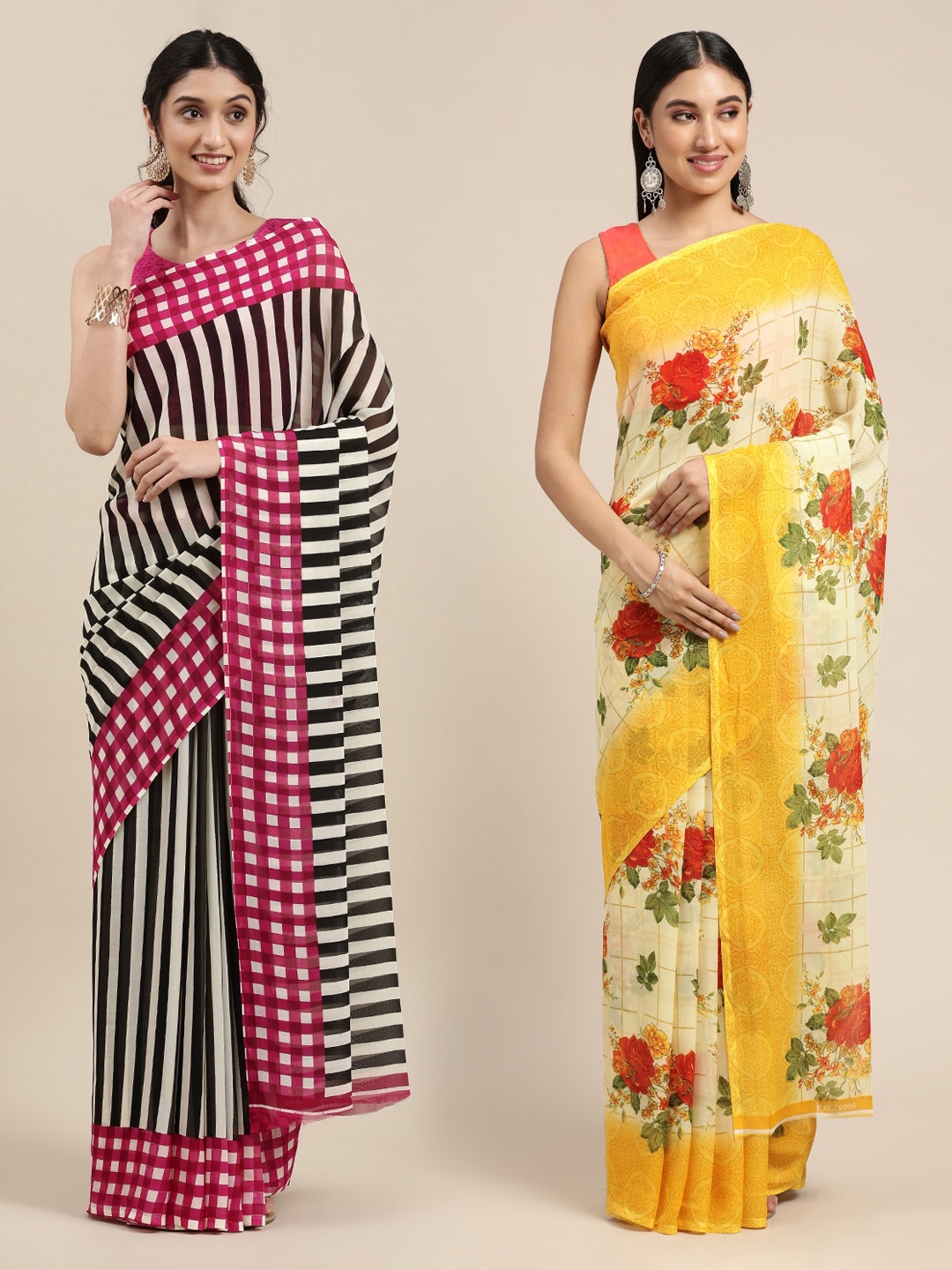 

KALINI Pack of 2 Black & Yellow Printed Saree