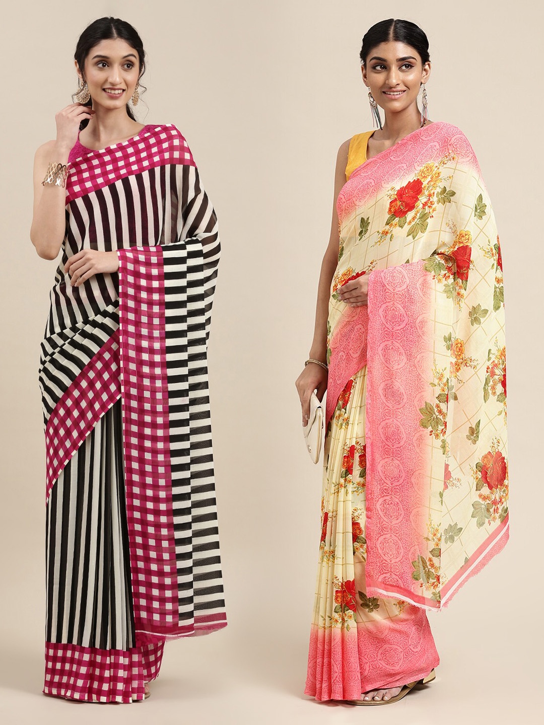 

KALINI Pack of 2 Black & White Striped Saree