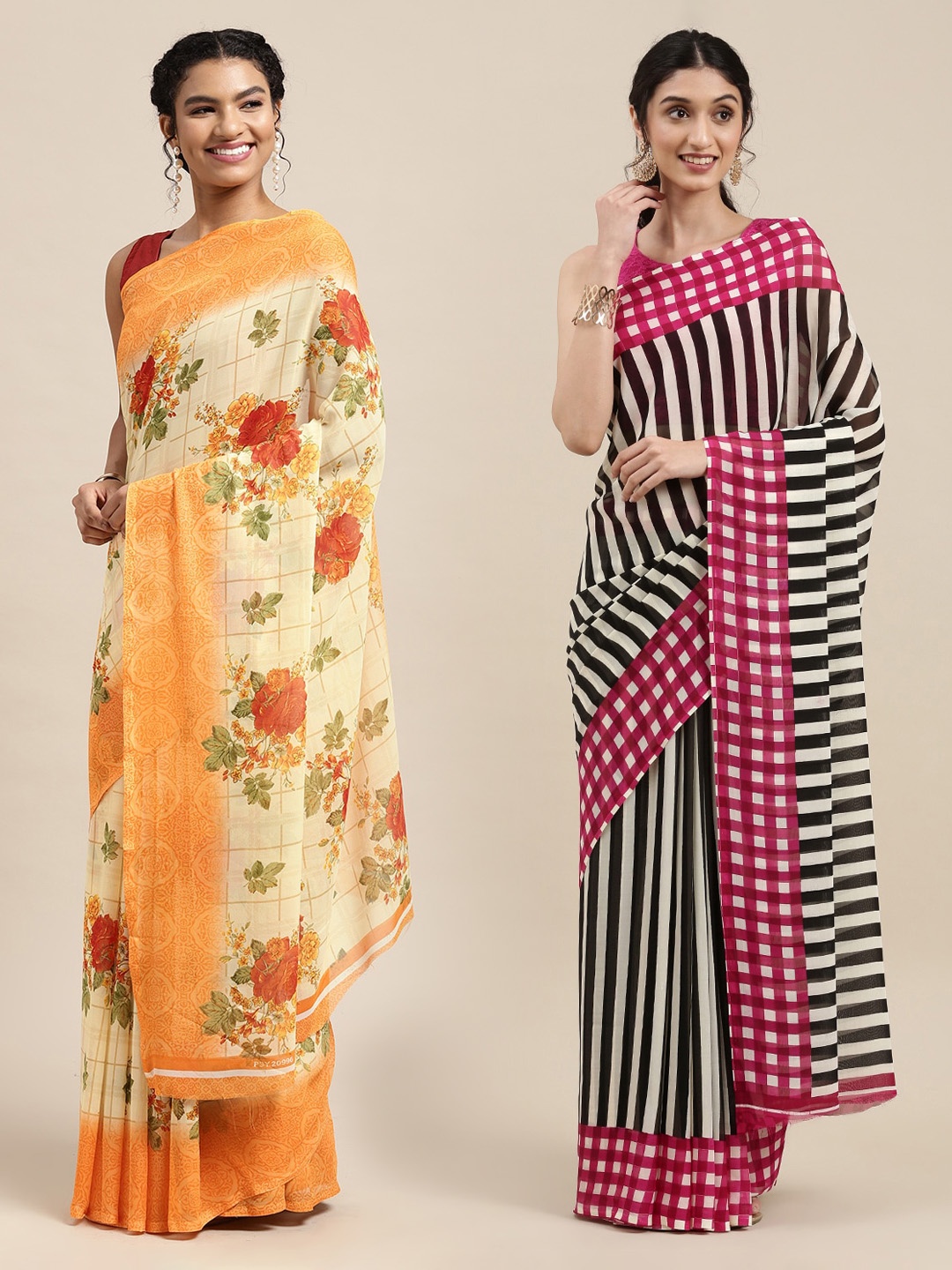 

KALINI Pack of 2 Floral Printed Saree, Cream