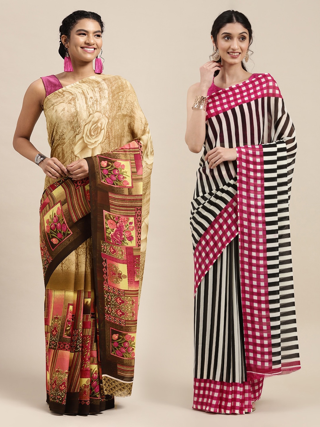 

KALINI Pack Of 2 Beige & Coffee Brown Printed Sarees