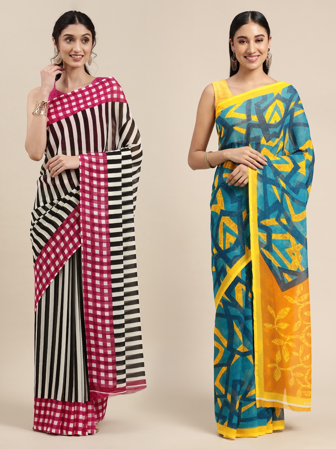 

KALINI Pack of 2 Printed Poly Georgette Sarees, Black