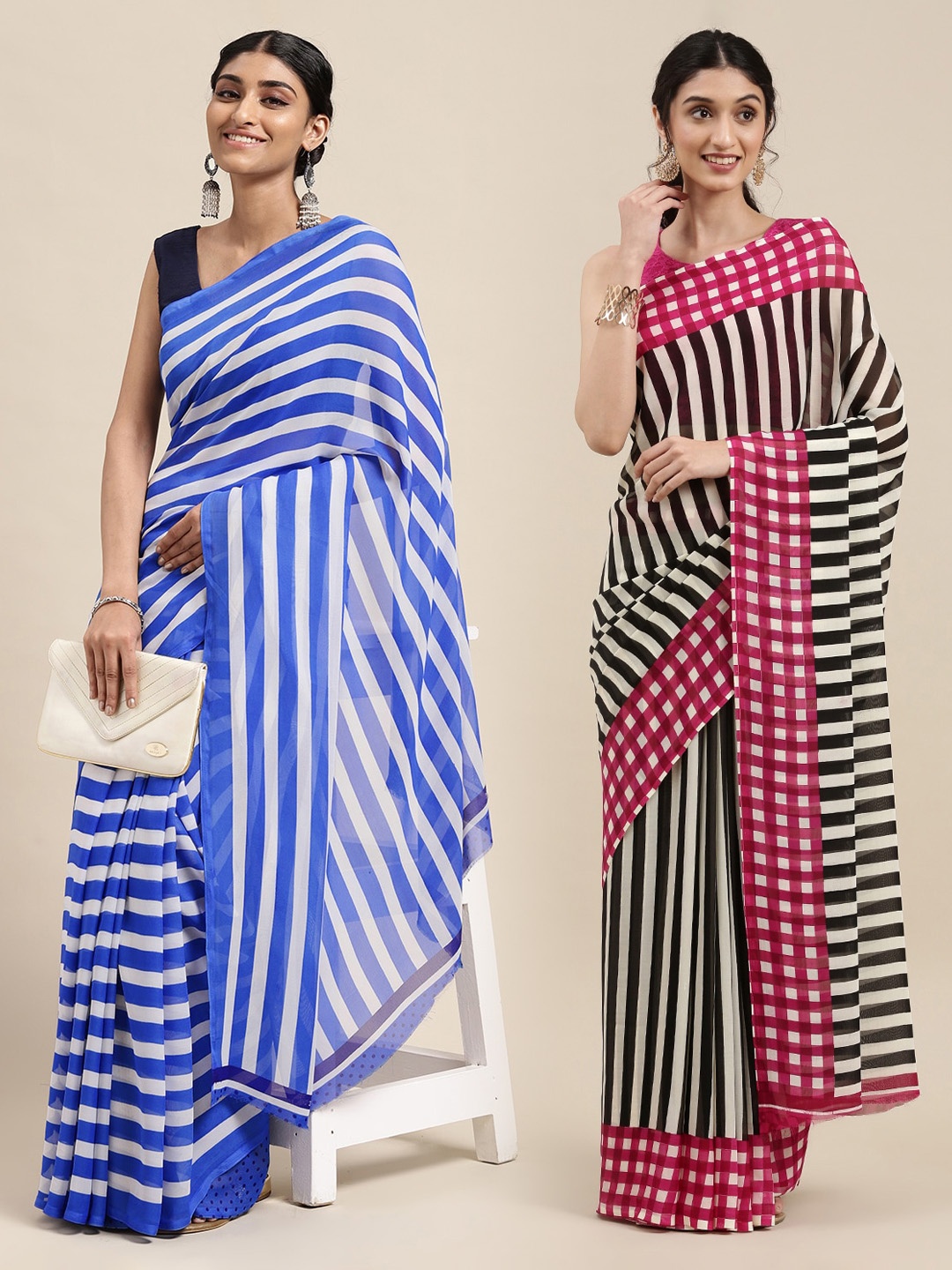 

ANAND SAREES Pack of 2 White Blue Striped Saree