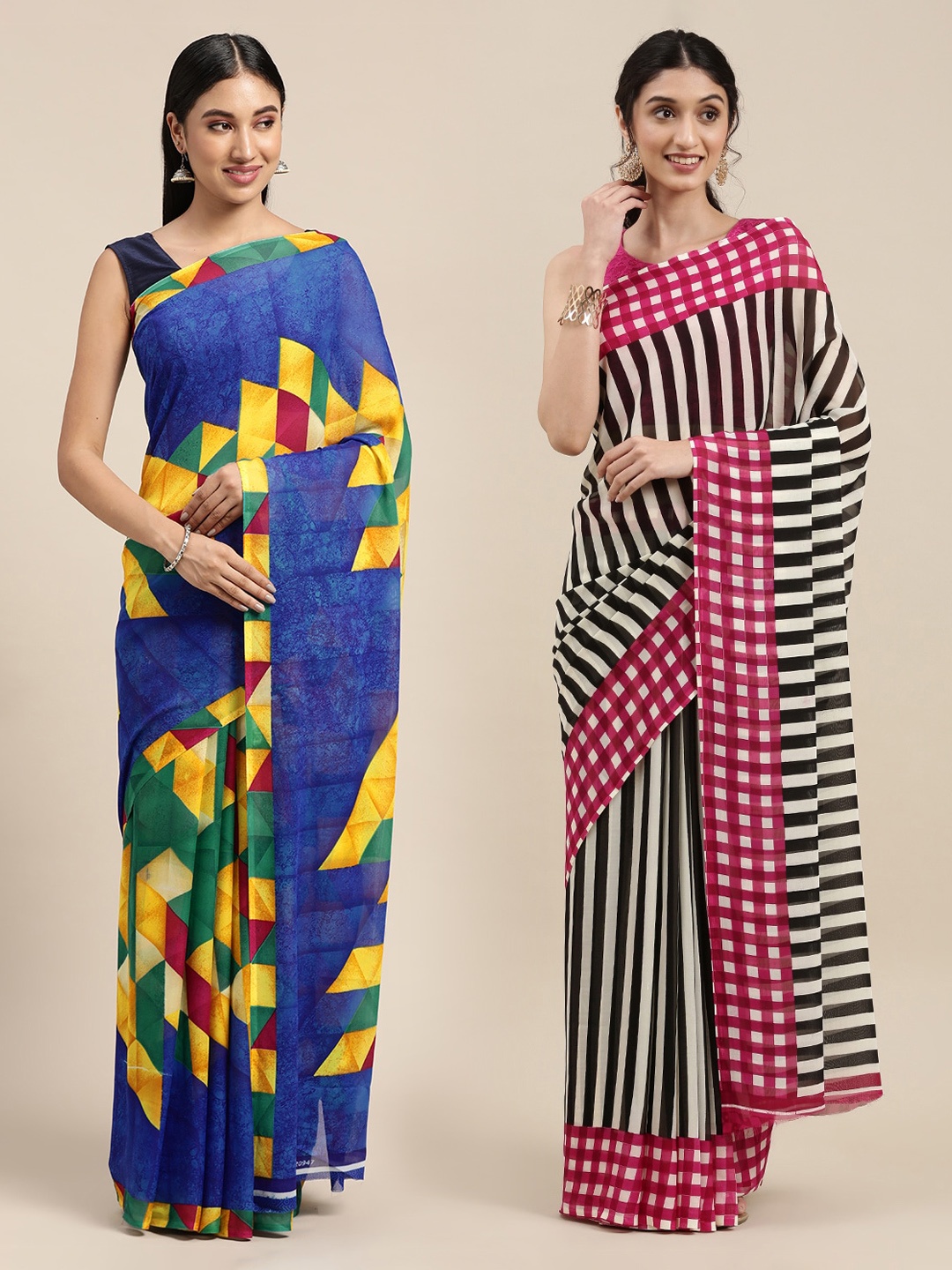 

KALINI Pack of 2 Blue & Yellow Geometric Print Saree