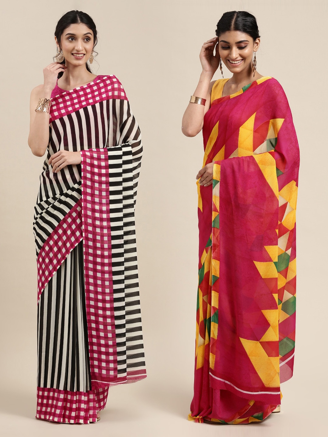 

KALINI Pack Of 2 White & Black Printed Sarees