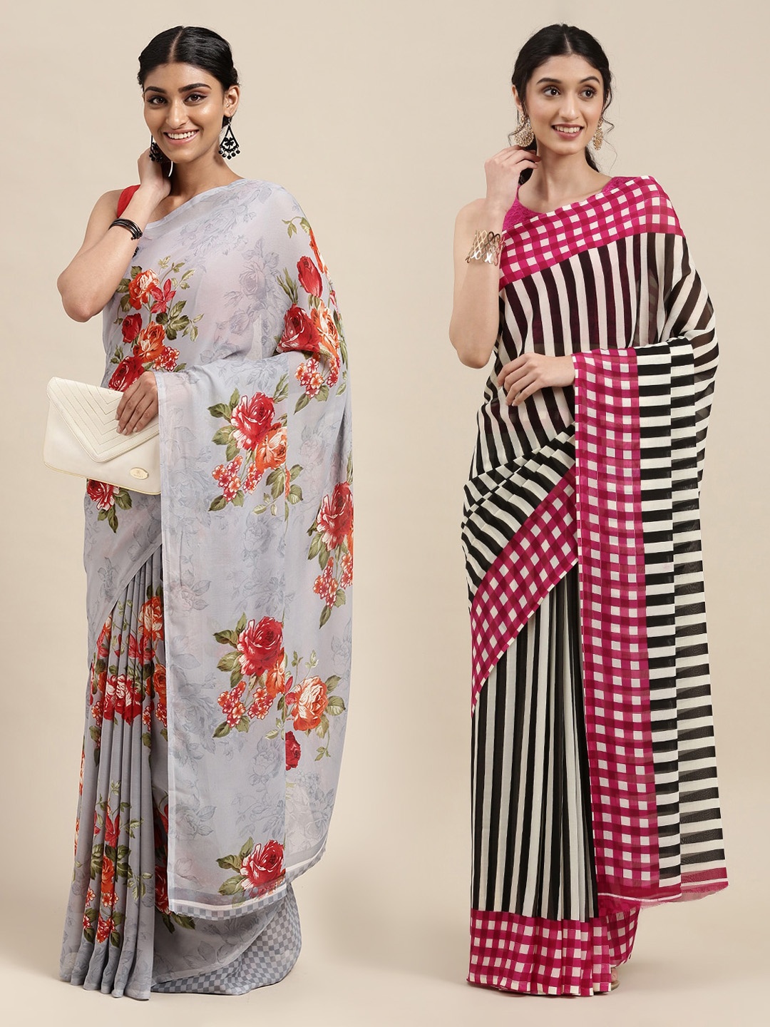 

KALINI Pack of 2 Printed Poly Georgette Sarees, Grey