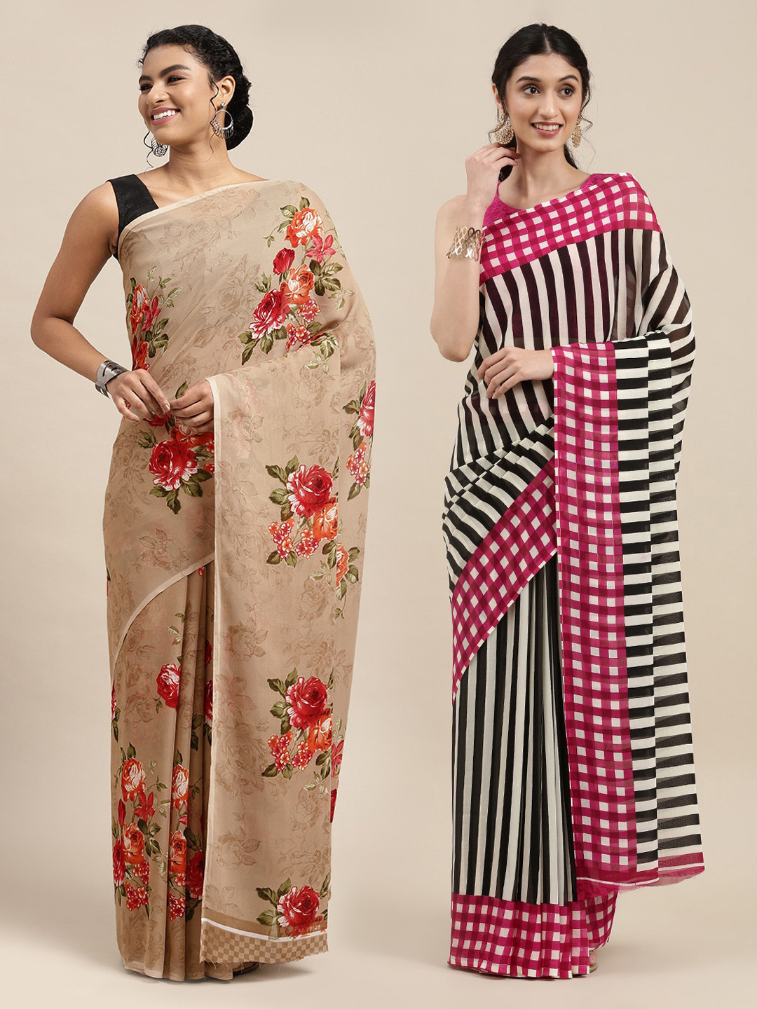 

KALINI Pack of 2 Beige & Black Floral Saree